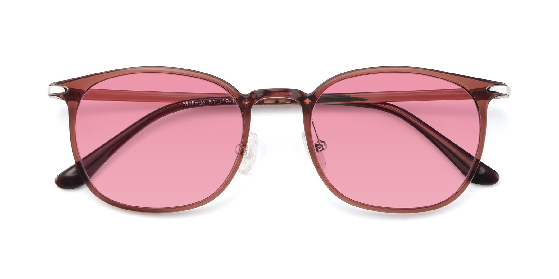 Folded Front of Melinda in Brown with Pink Tinted Lenses