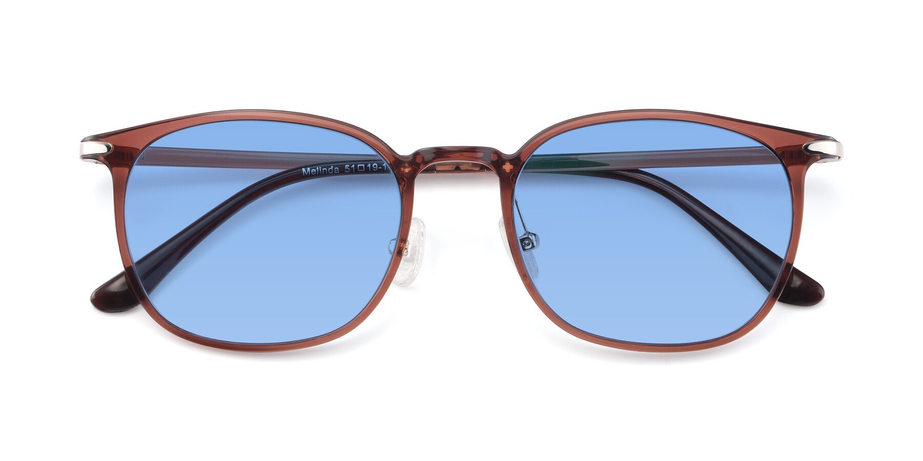 Folded Front of Melinda in Brown with Medium Blue Tinted Lenses