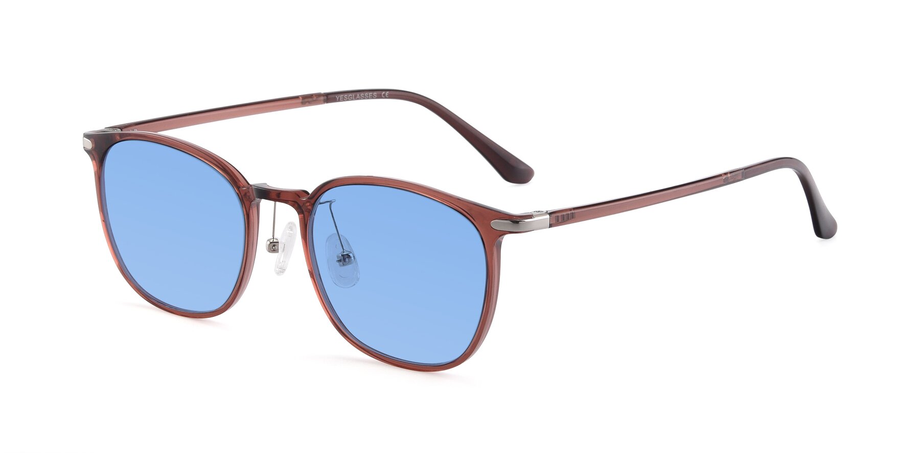 Angle of Melinda in Brown with Medium Blue Tinted Lenses