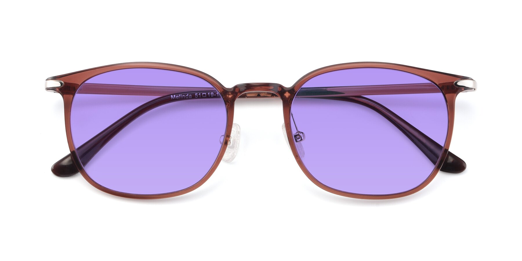 Folded Front of Melinda in Brown with Medium Purple Tinted Lenses