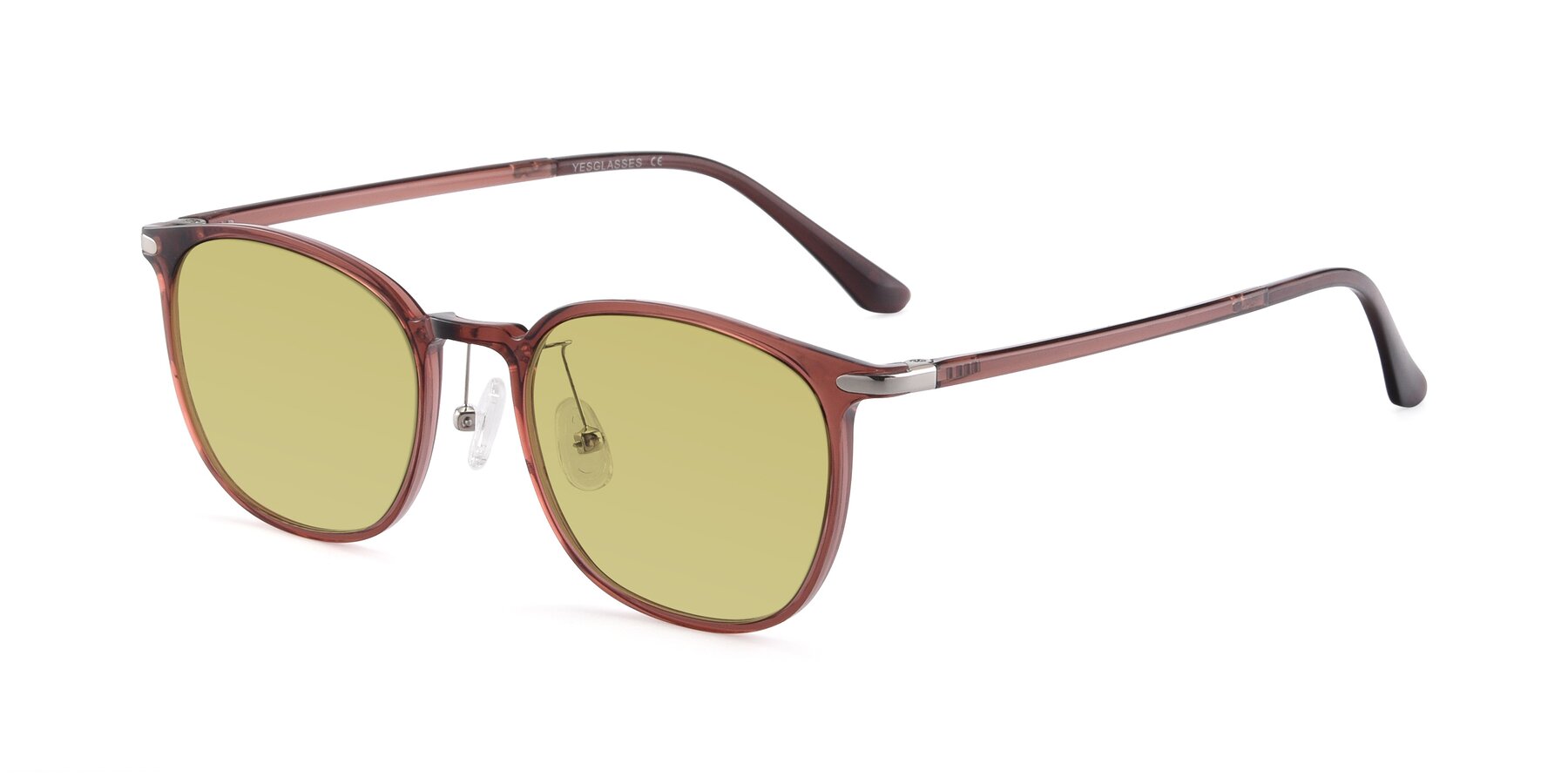 Angle of Melinda in Brown with Medium Champagne Tinted Lenses