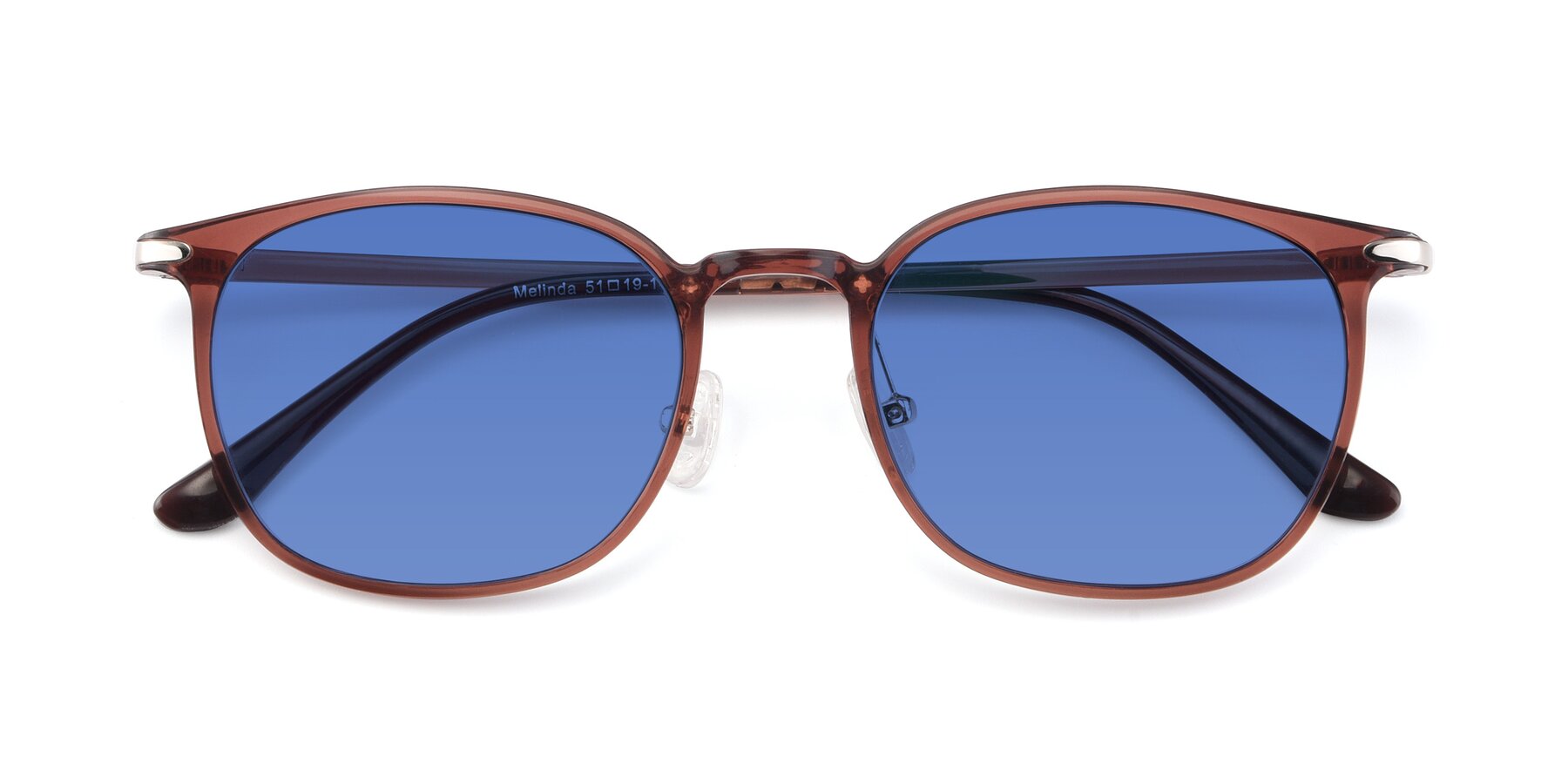 Folded Front of Melinda in Brown with Blue Tinted Lenses