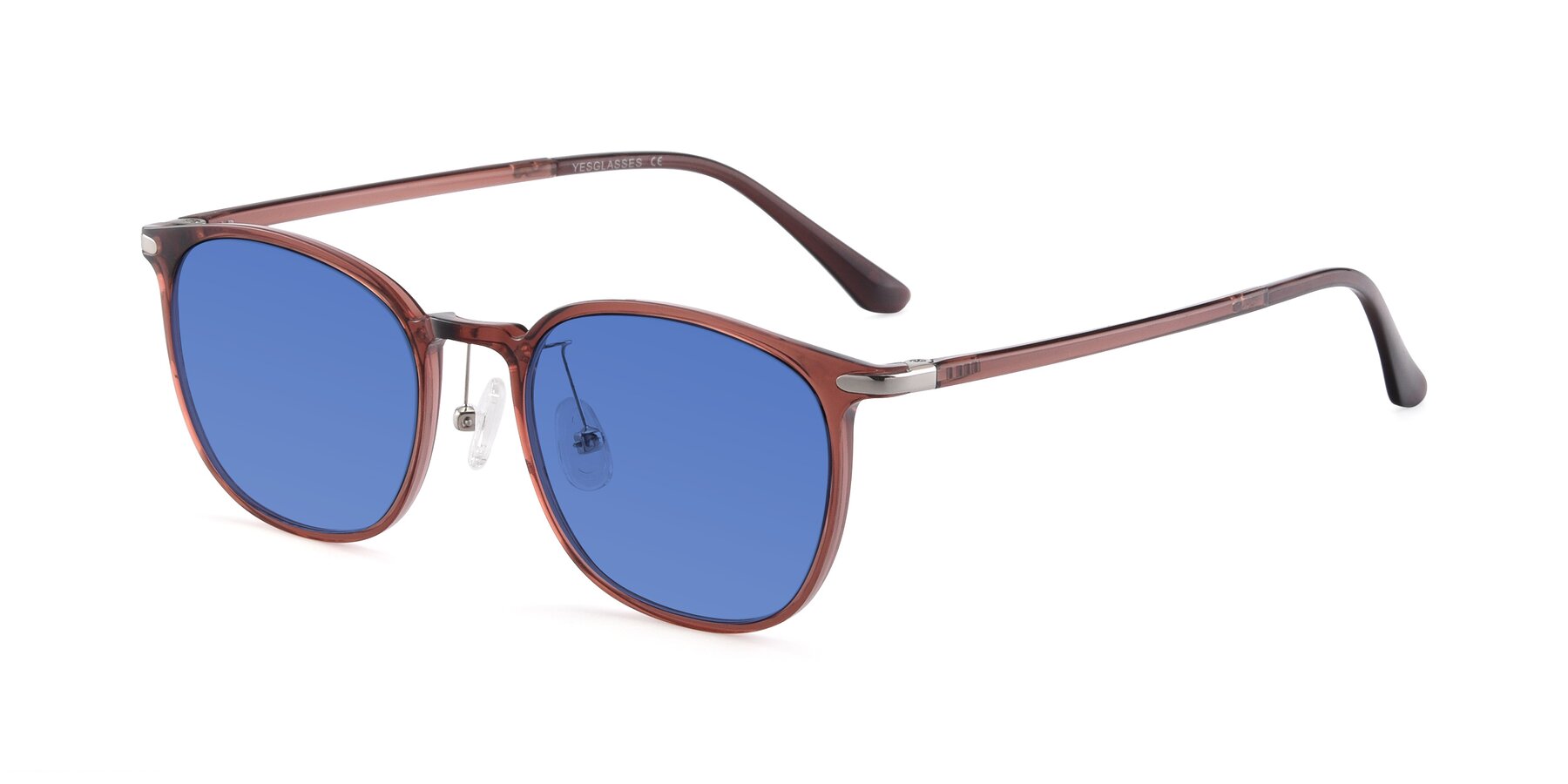 Angle of Melinda in Brown with Blue Tinted Lenses