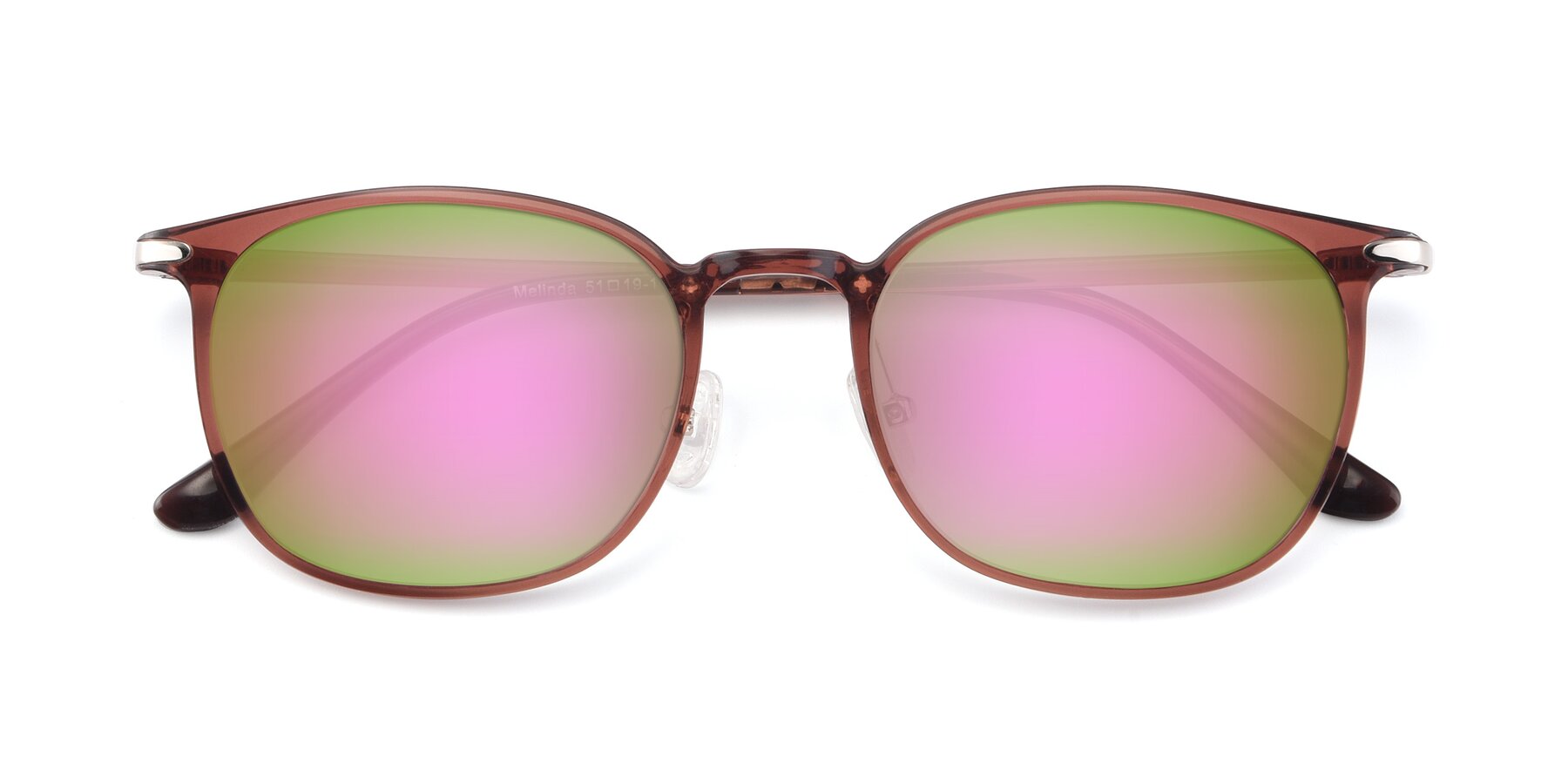 Folded Front of Melinda in Brown with Pink Mirrored Lenses