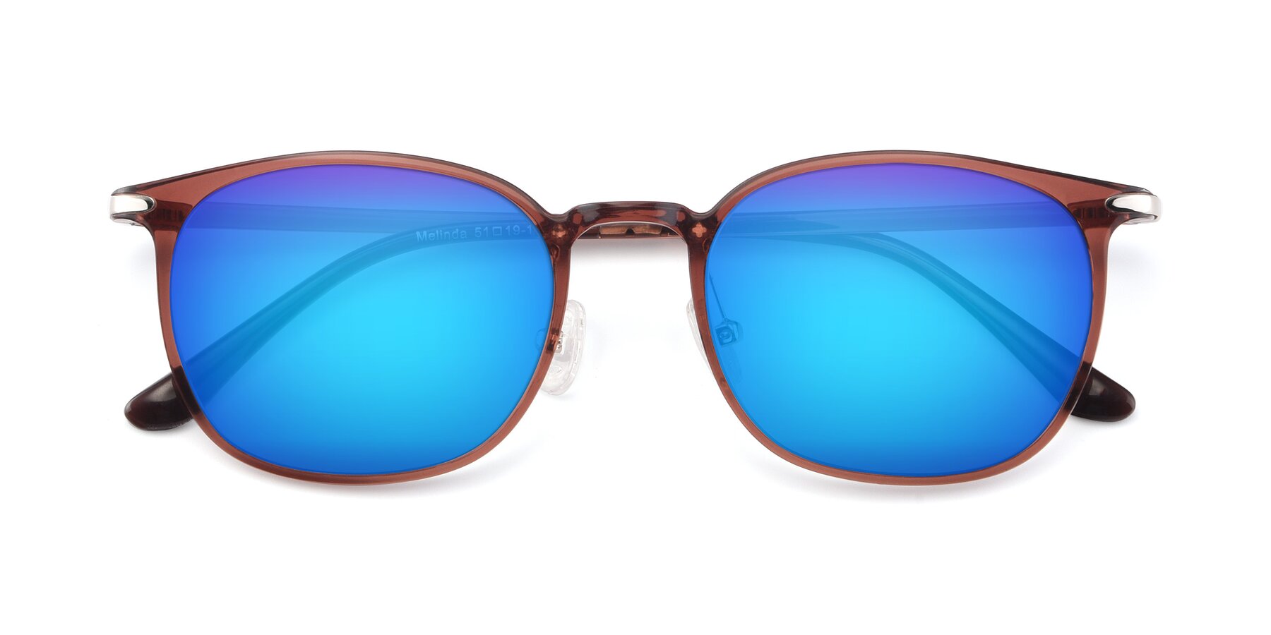 Folded Front of Melinda in Brown with Blue Mirrored Lenses