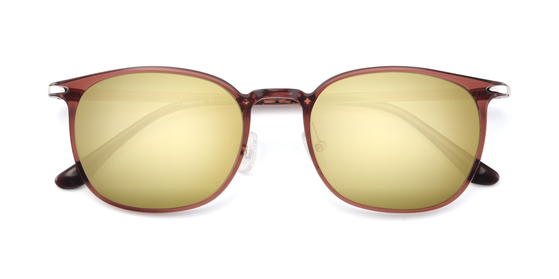 Folded Front of Melinda in Brown with Gold Mirrored Lenses