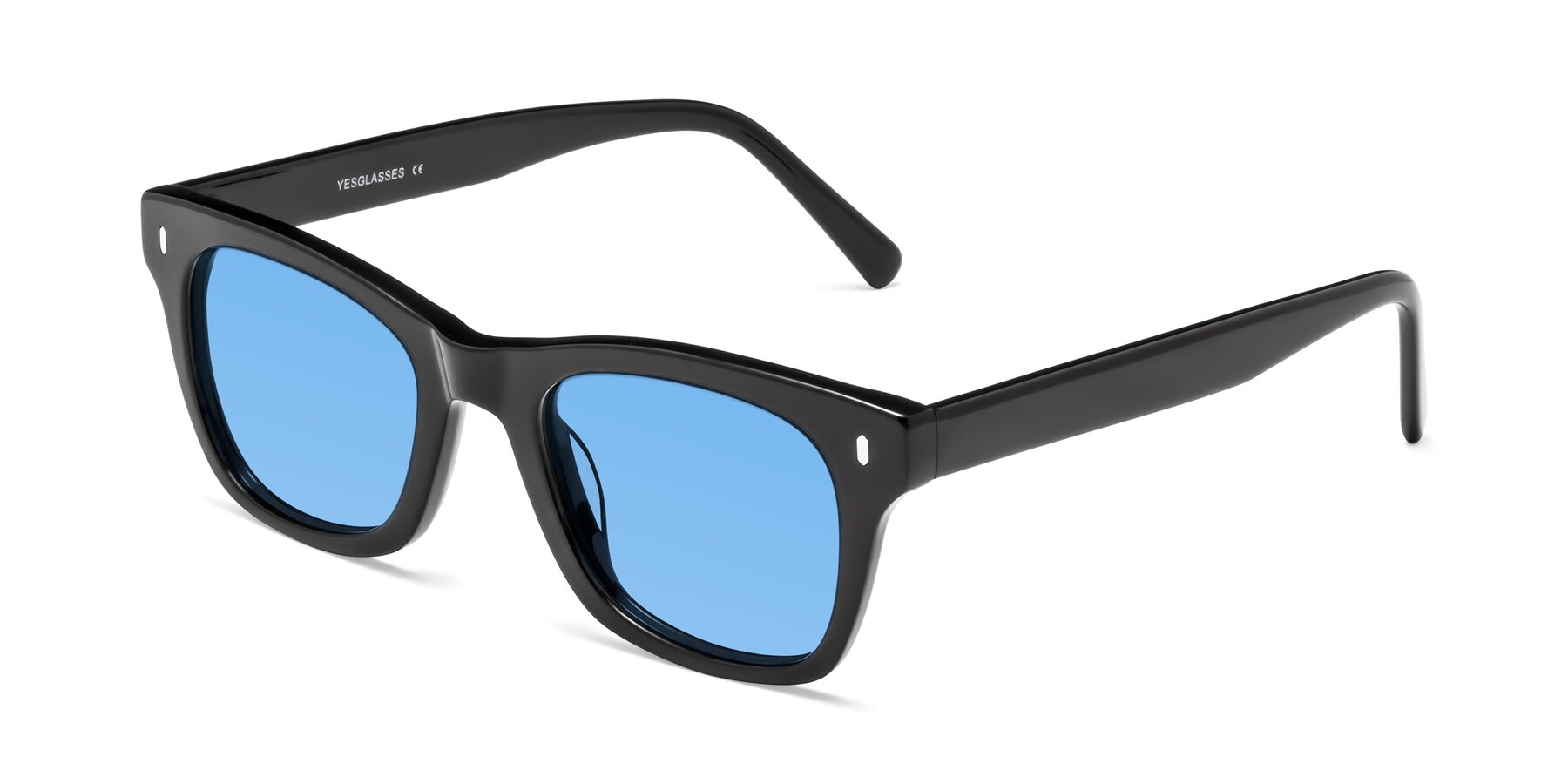 Angle of Ben in Black with Medium Blue Tinted Lenses