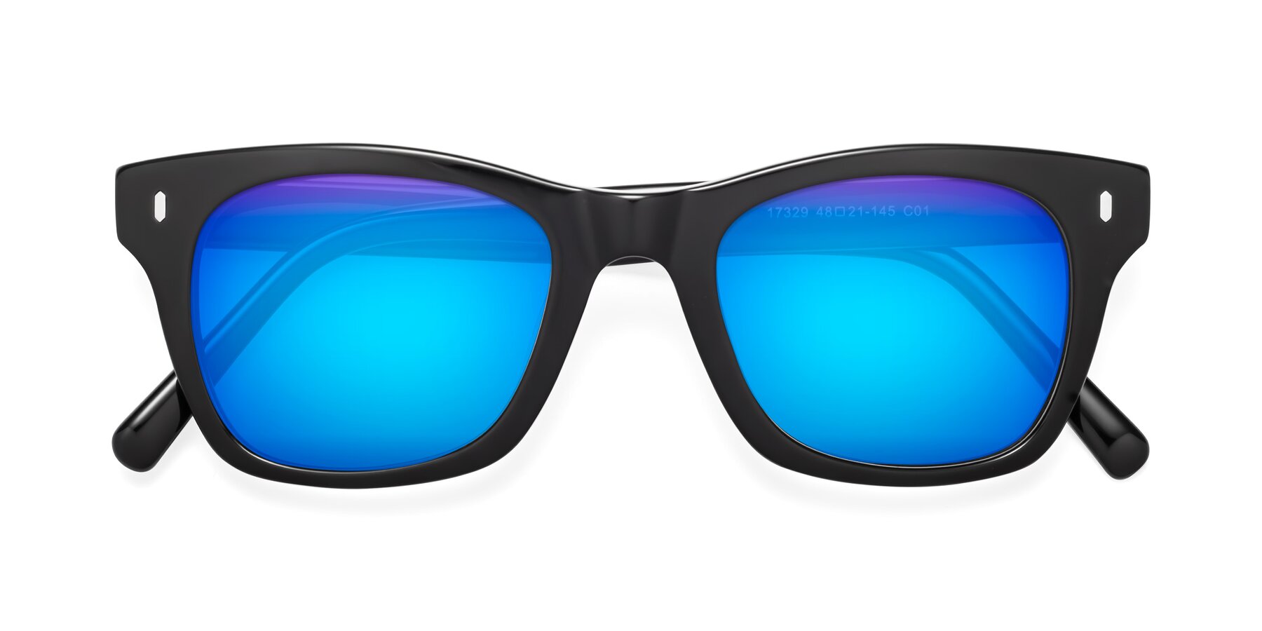 Folded Front of Ben in Black with Blue Mirrored Lenses