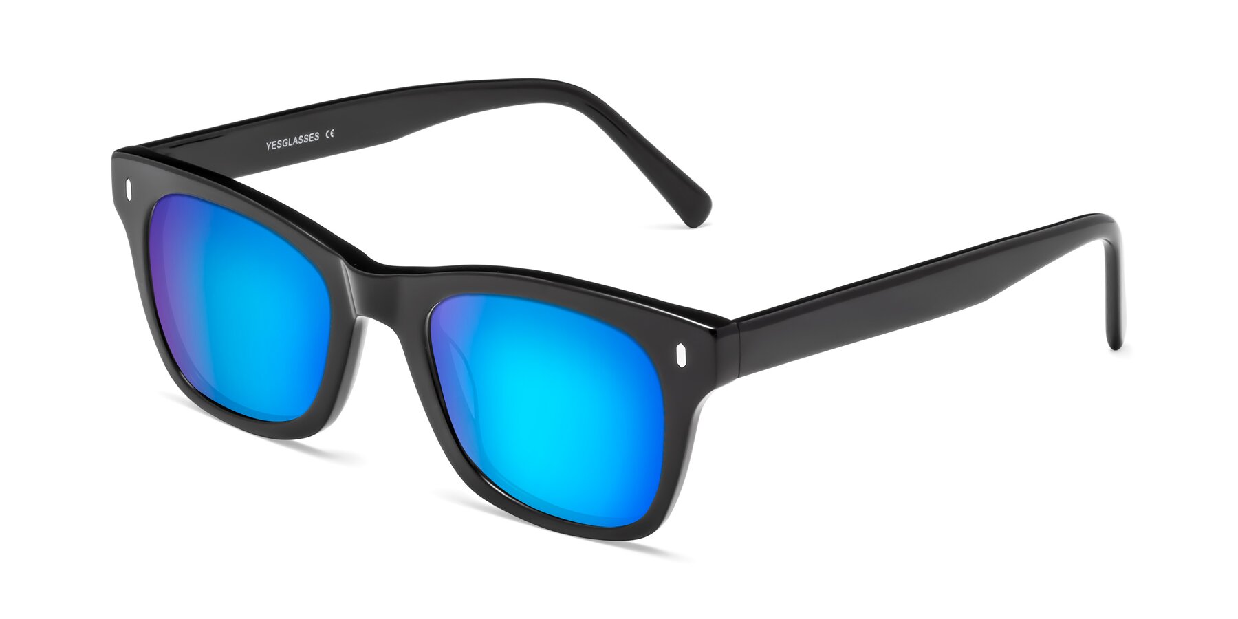 Angle of Ben in Black with Blue Mirrored Lenses