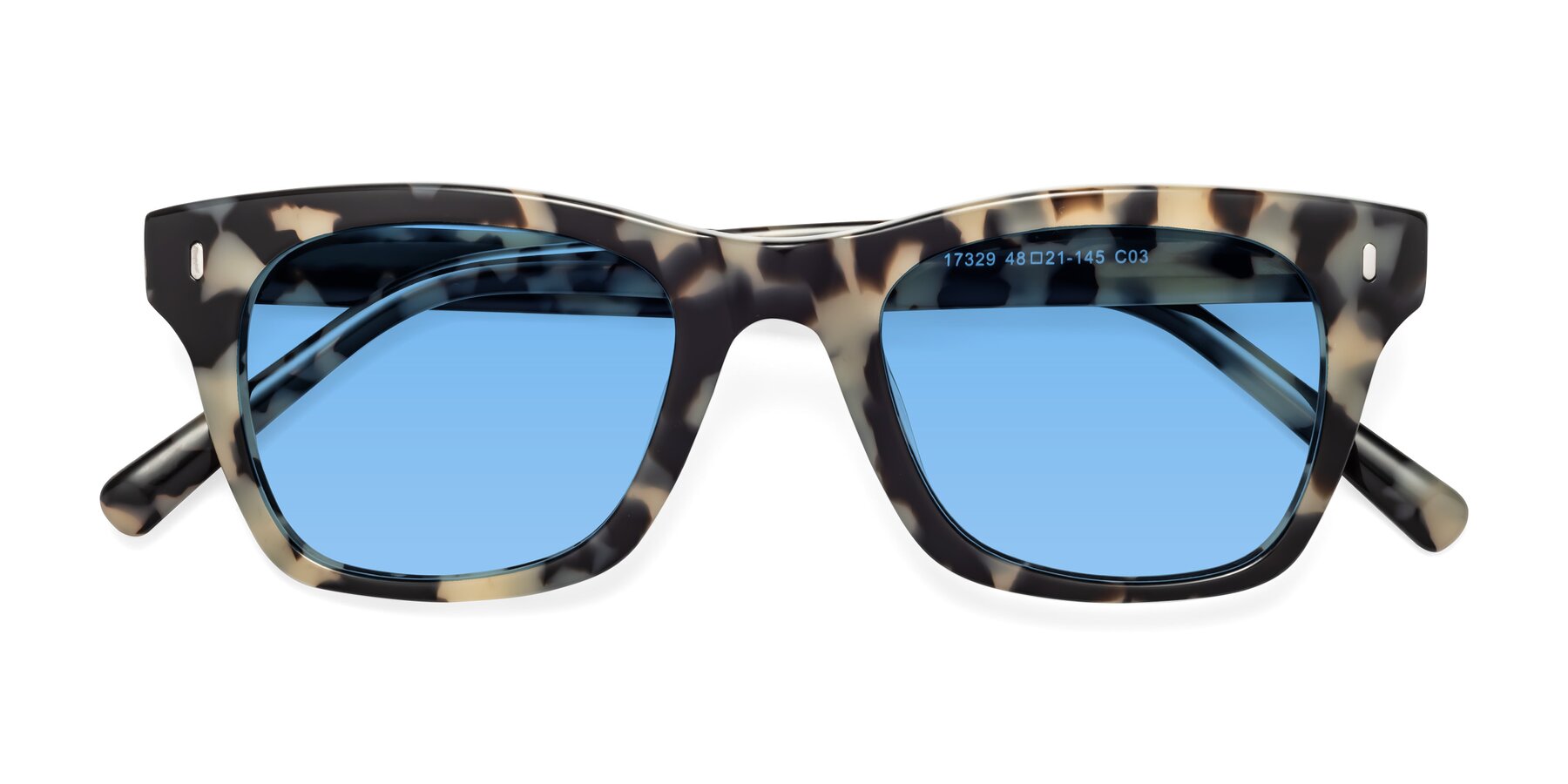Folded Front of Ben in Havana with Medium Blue Tinted Lenses