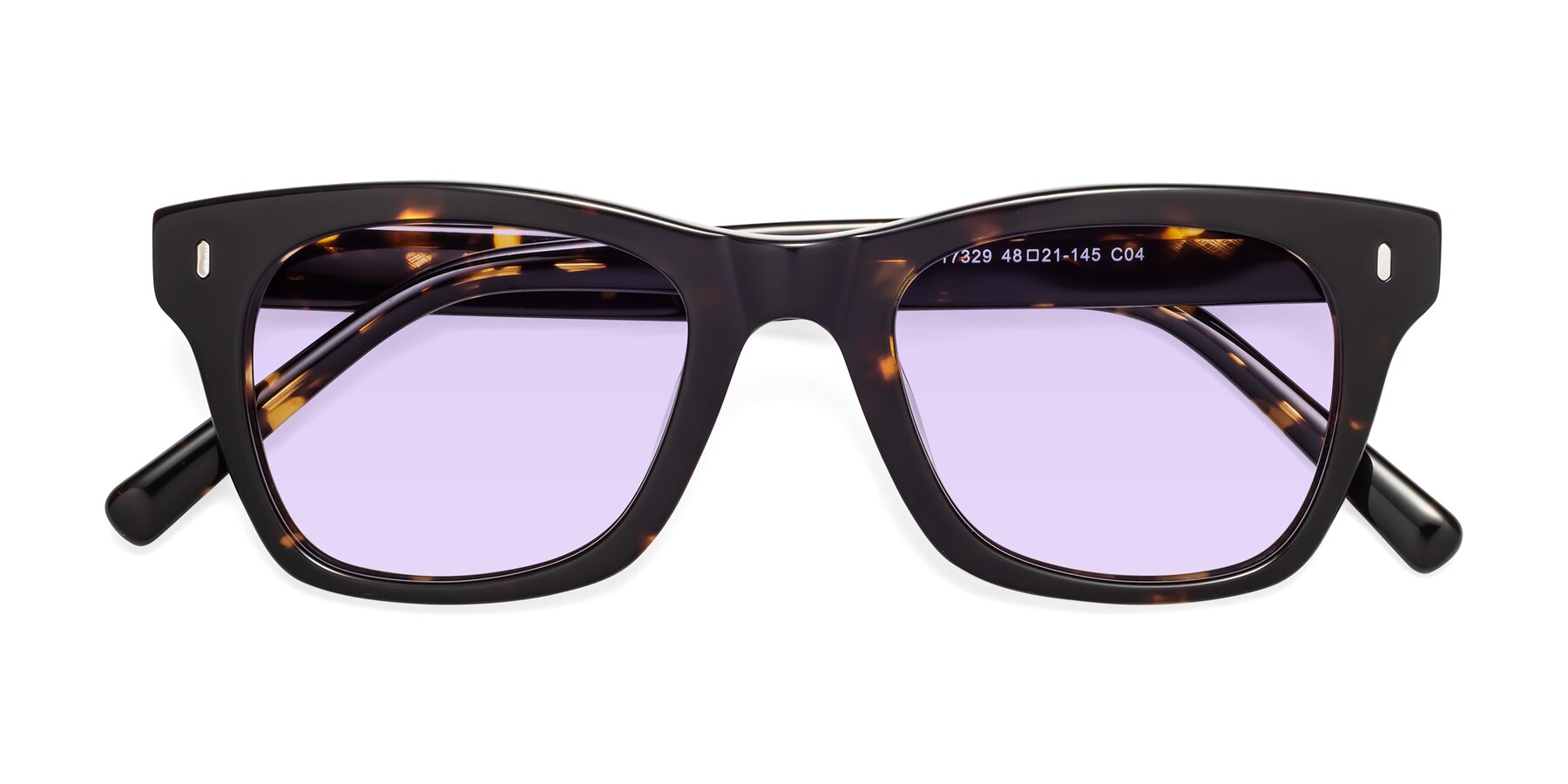 Folded Front of Ben in Tortoise Brown with Light Purple Tinted Lenses