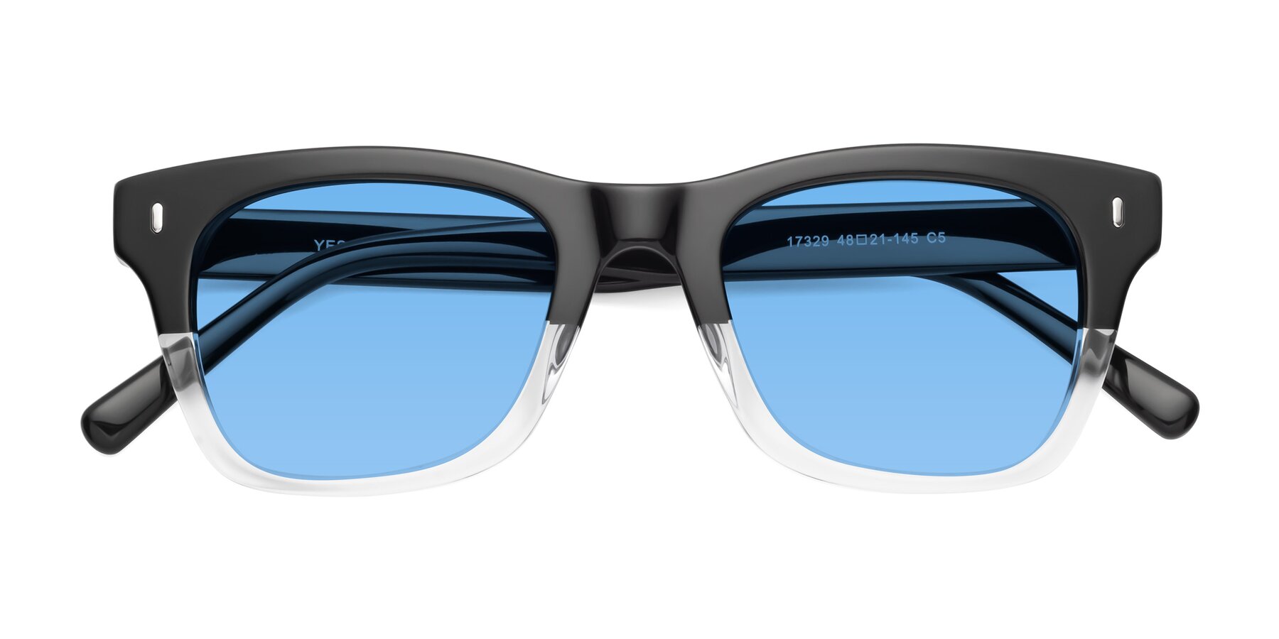 Folded Front of Ben in Black-Clear with Medium Blue Tinted Lenses
