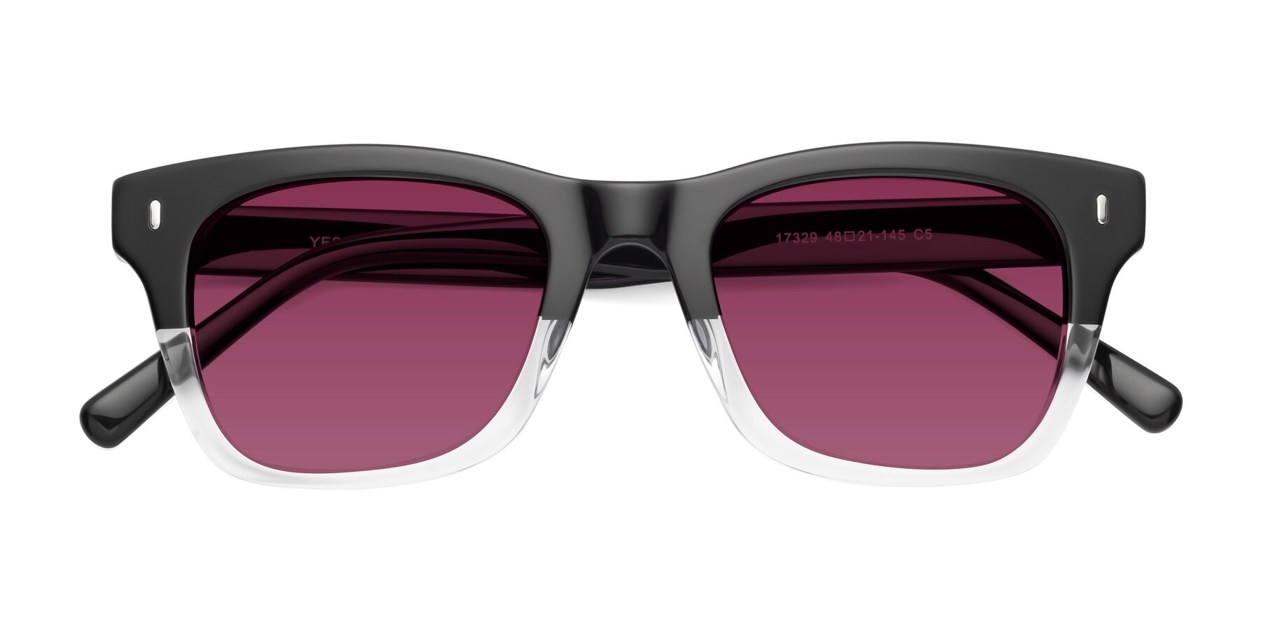 Folded Front of Ben in Black-Clear with Wine Tinted Lenses