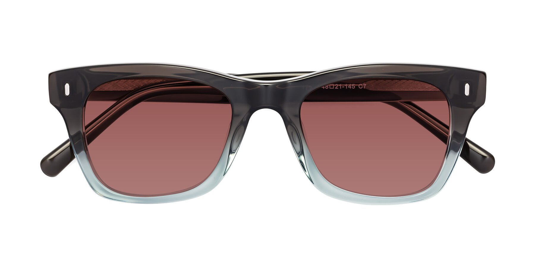 Folded Front of Ben in Brown-Light Blue with Garnet Tinted Lenses