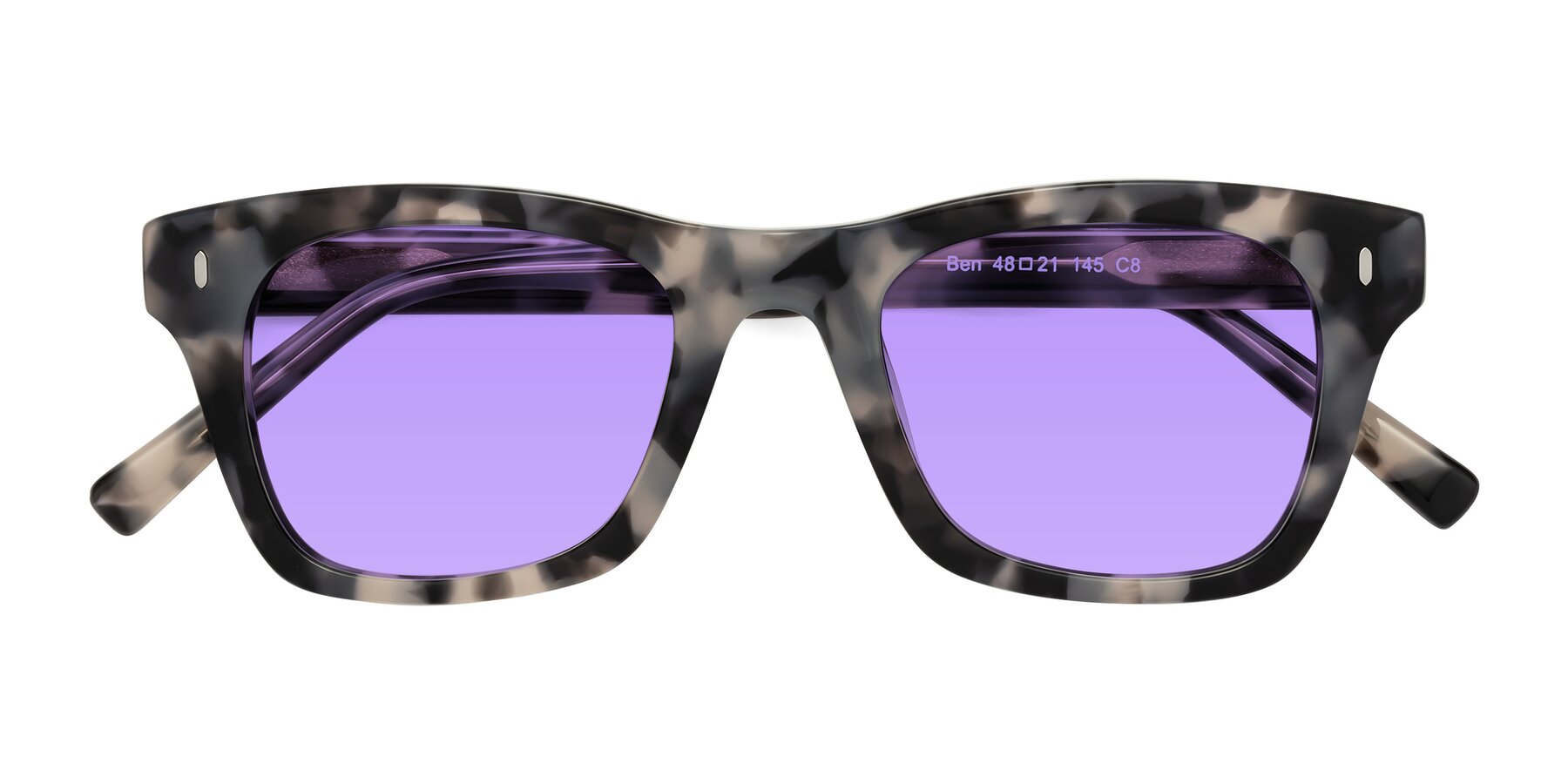 Folded Front of Ben in Ivory Tortoise with Medium Purple Tinted Lenses
