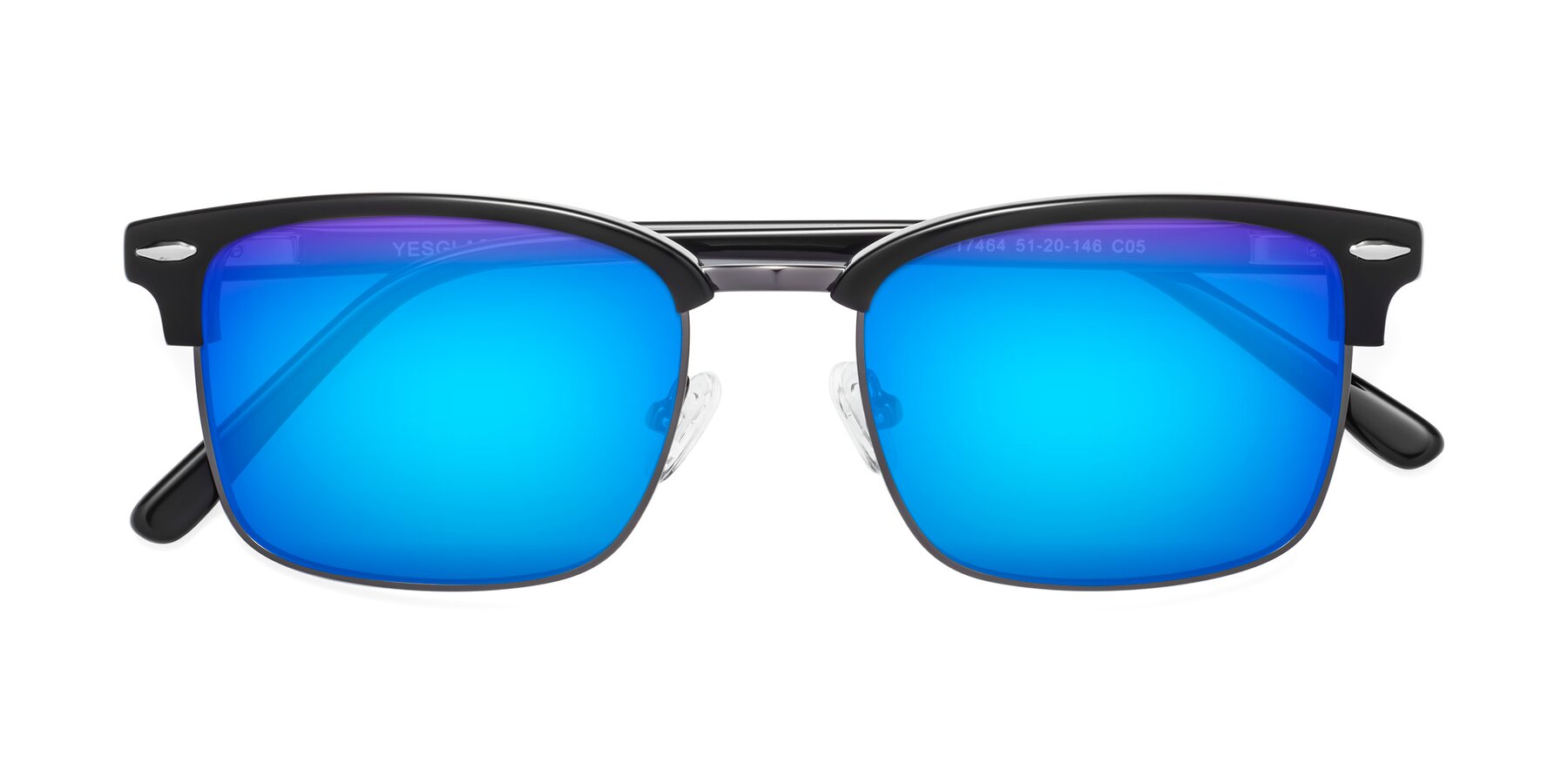 Folded Front of 17464 in Black-Gunmetal with Blue Mirrored Lenses