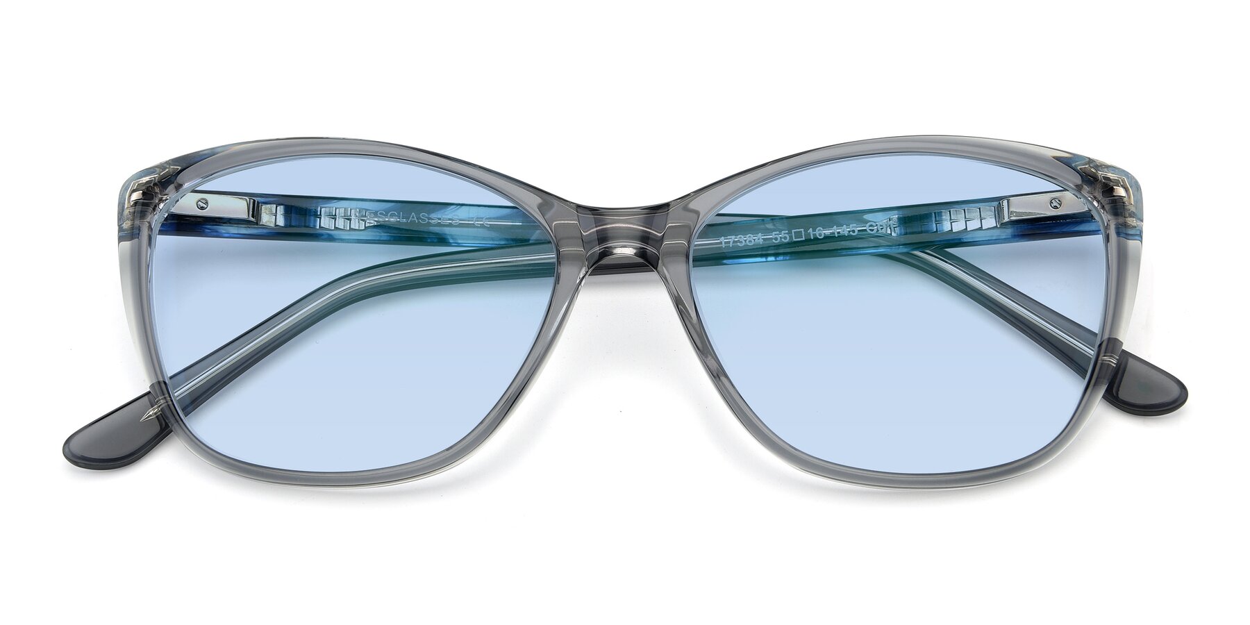 Folded Front of 17384 in Transparent Grey with Light Blue Tinted Lenses