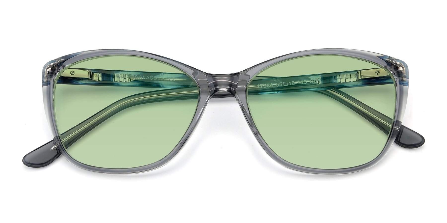 Folded Front of 17384 in Transparent Grey with Medium Green Tinted Lenses