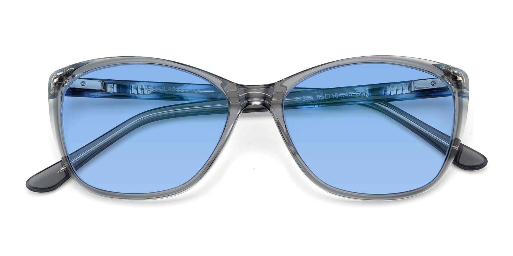 Folded Front of 17384 in Transparent Grey with Medium Blue Tinted Lenses