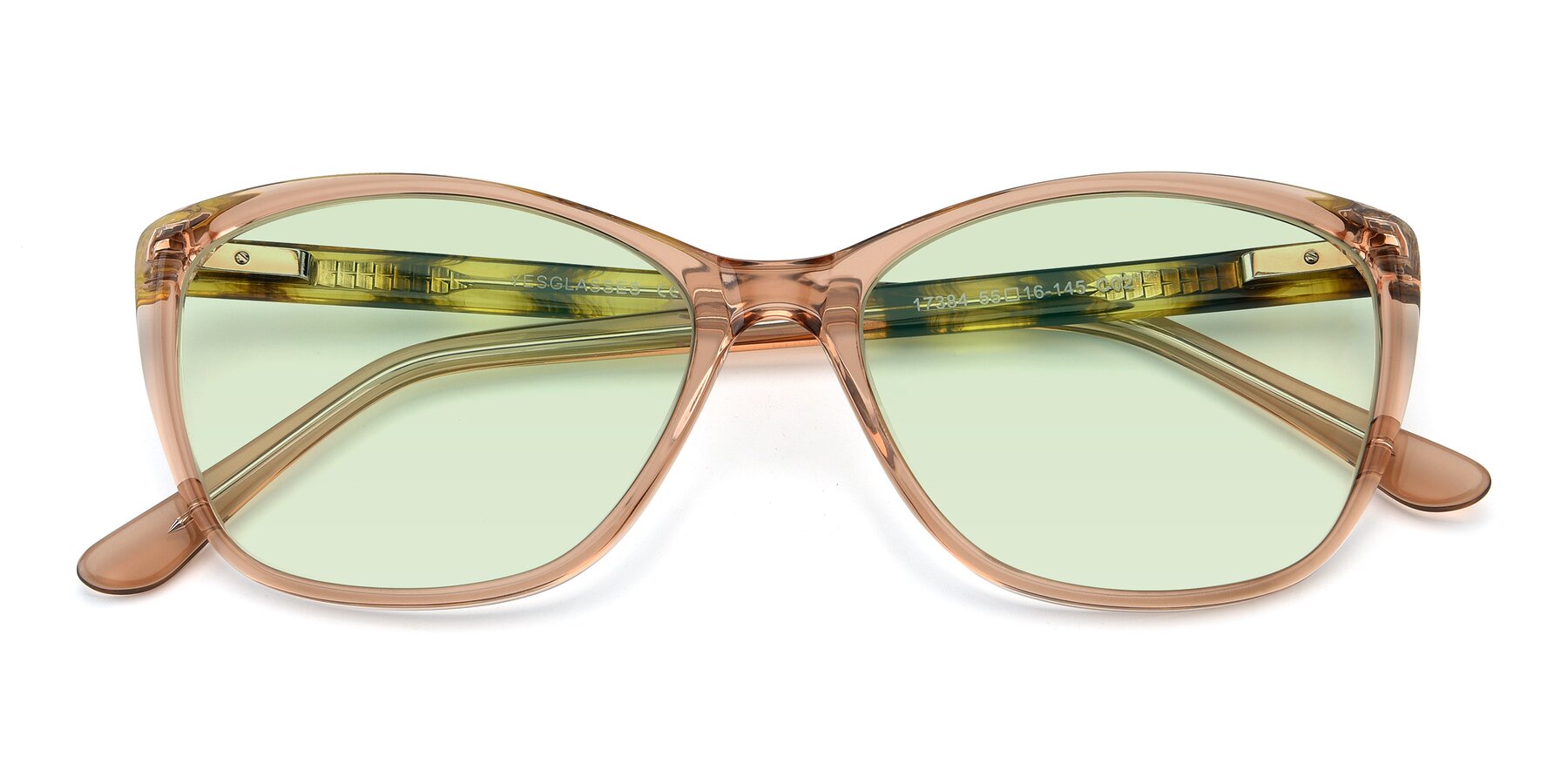 Folded Front of 17384 in Transparent Caramel with Light Green Tinted Lenses
