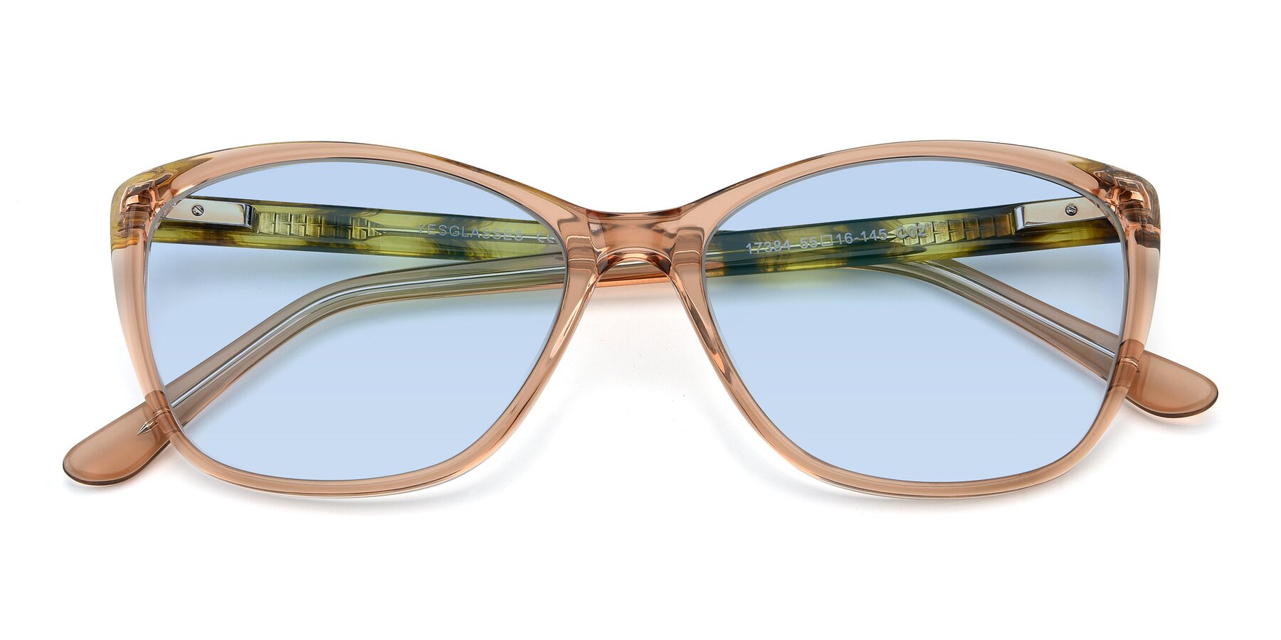 Folded Front of 17384 in Transparent Caramel with Light Blue Tinted Lenses
