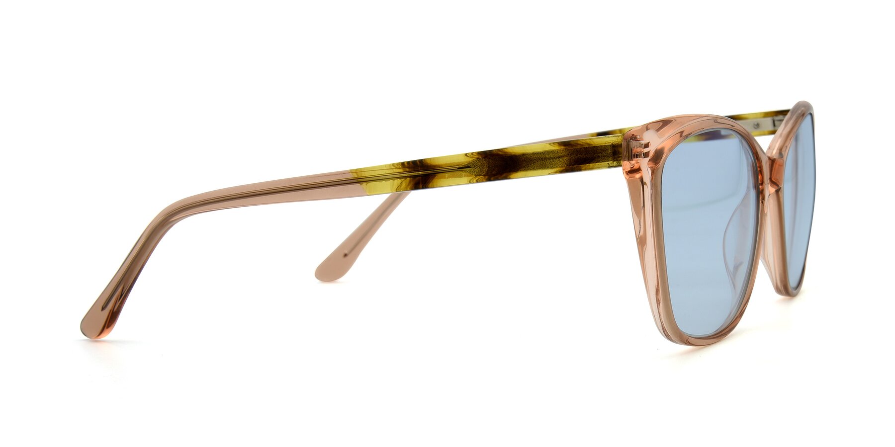 Side of 17384 in Transparent Caramel with Light Blue Tinted Lenses