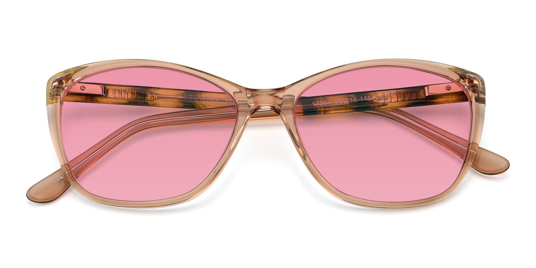 Folded Front of 17384 in Transparent Caramel with Pink Tinted Lenses