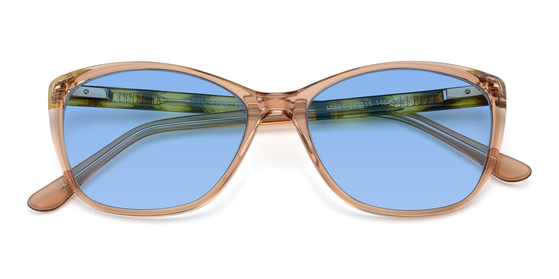 Folded Front of 17384 in Transparent Caramel with Medium Blue Tinted Lenses