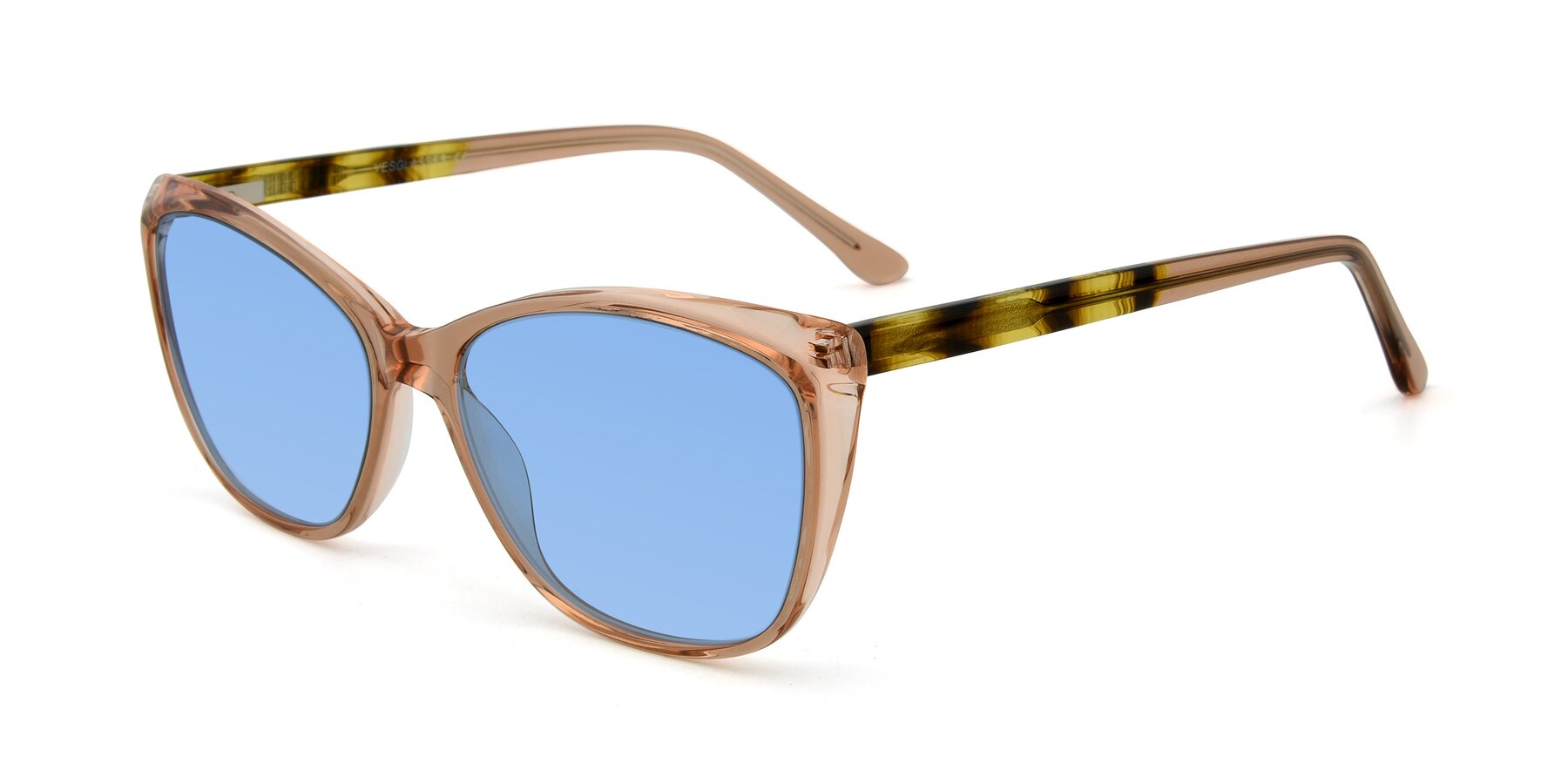 Angle of 17384 in Transparent Caramel with Medium Blue Tinted Lenses