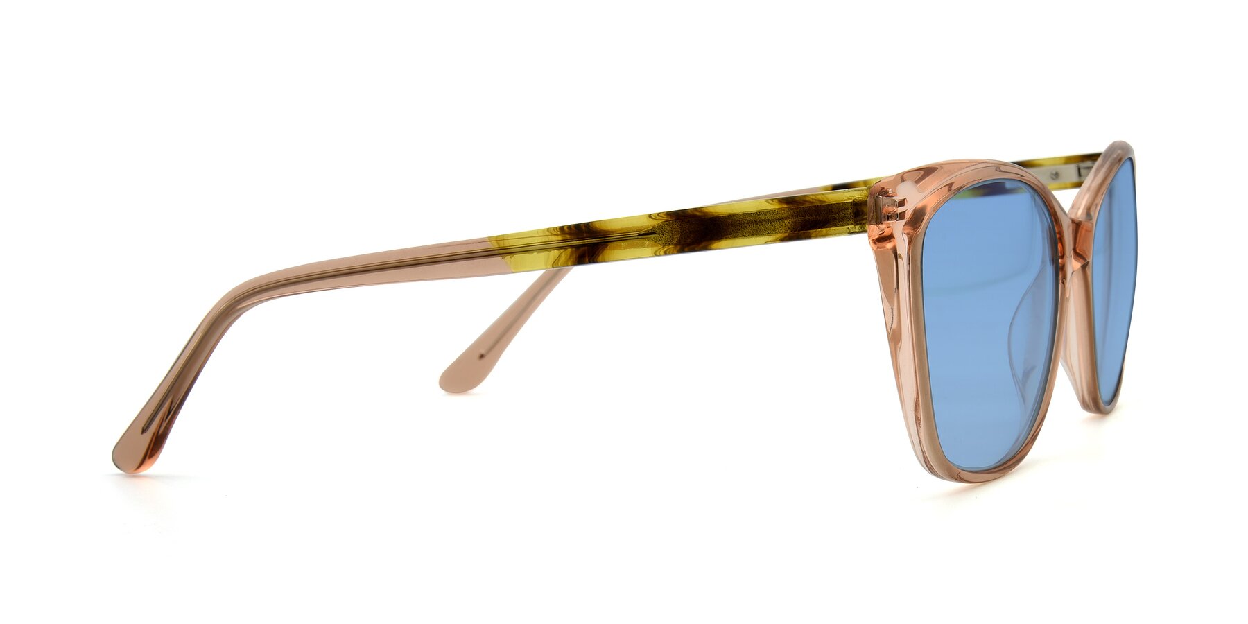 Side of 17384 in Transparent Caramel with Medium Blue Tinted Lenses