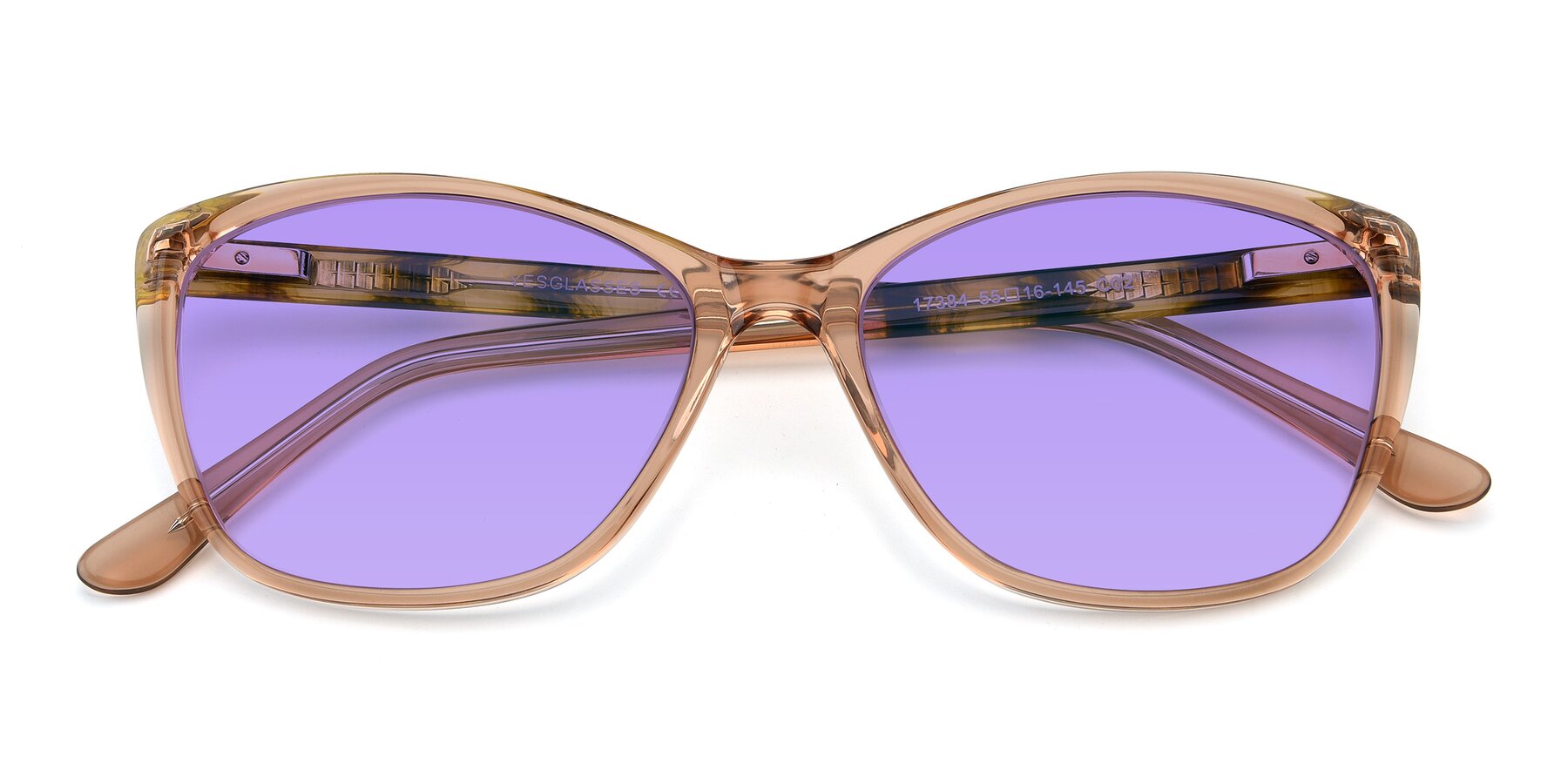 Folded Front of 17384 in Transparent Caramel with Medium Purple Tinted Lenses