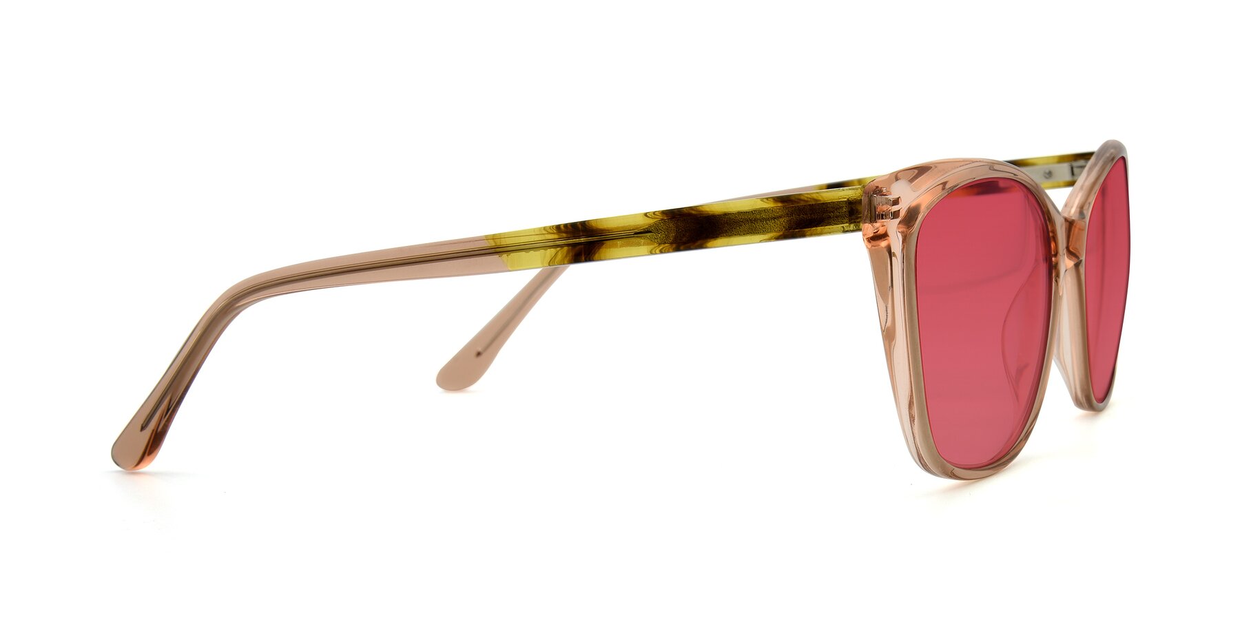 Side of 17384 in Transparent Caramel with Red Tinted Lenses