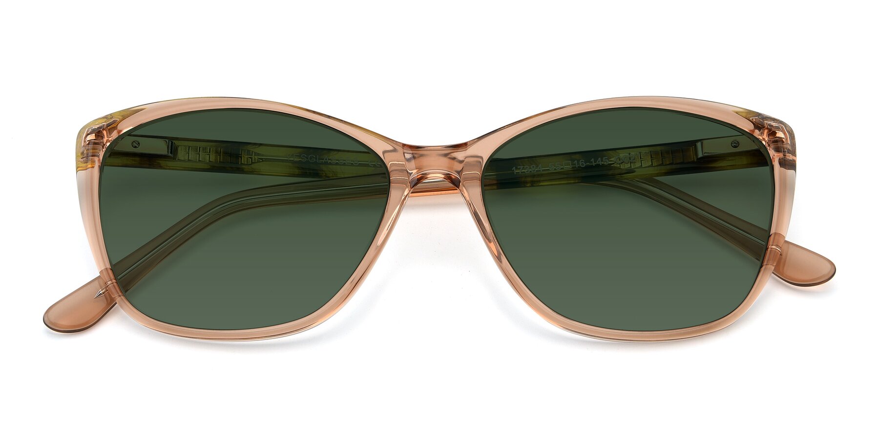 Folded Front of 17384 in Transparent Caramel with Green Tinted Lenses