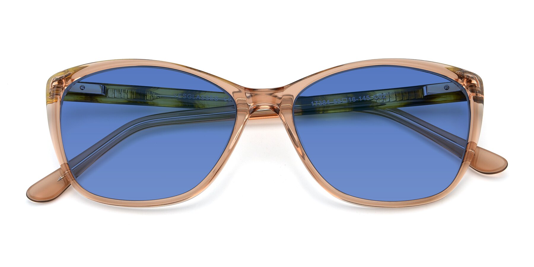 Folded Front of 17384 in Transparent Caramel with Blue Tinted Lenses
