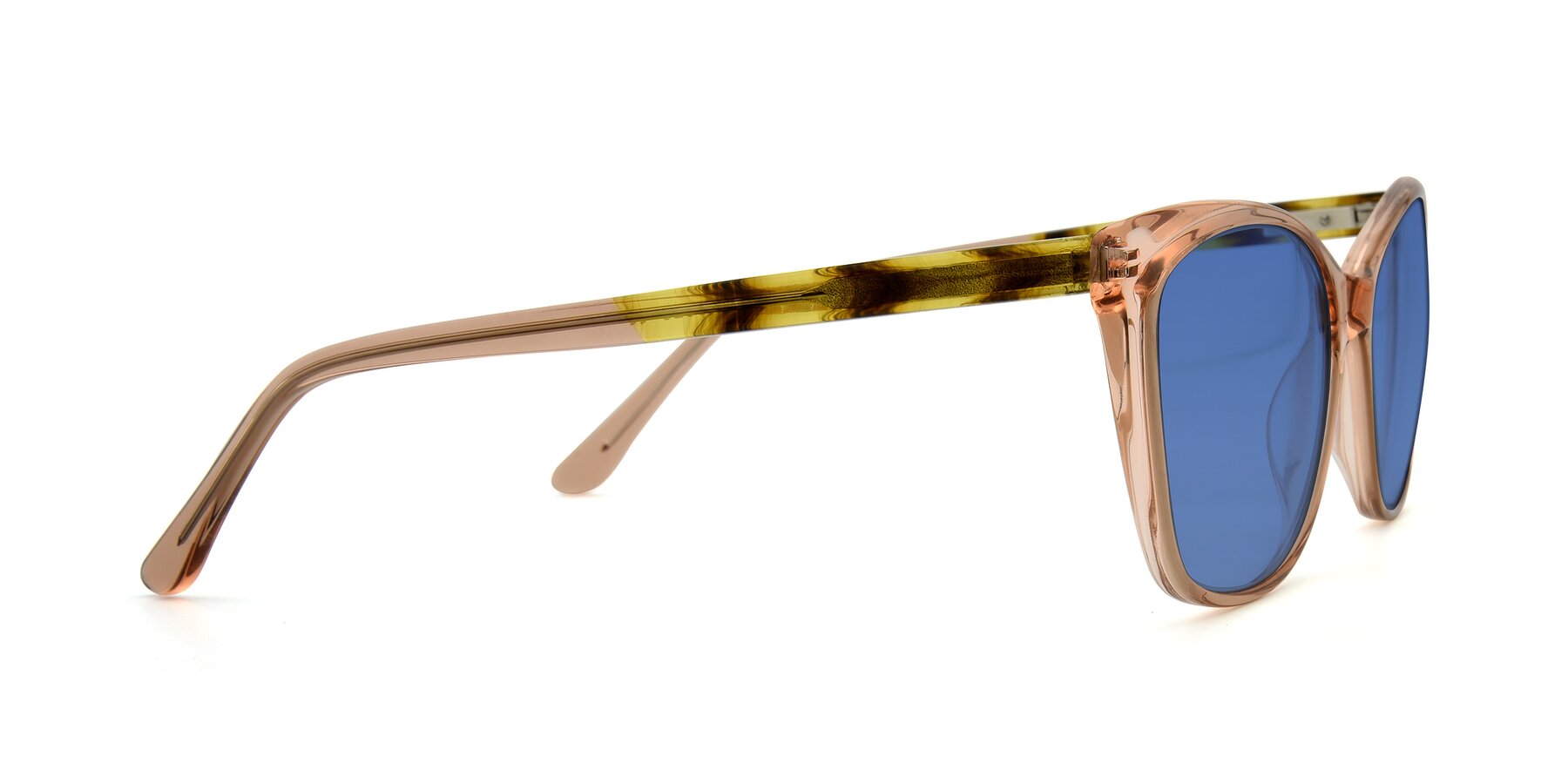Side of 17384 in Transparent Caramel with Blue Tinted Lenses