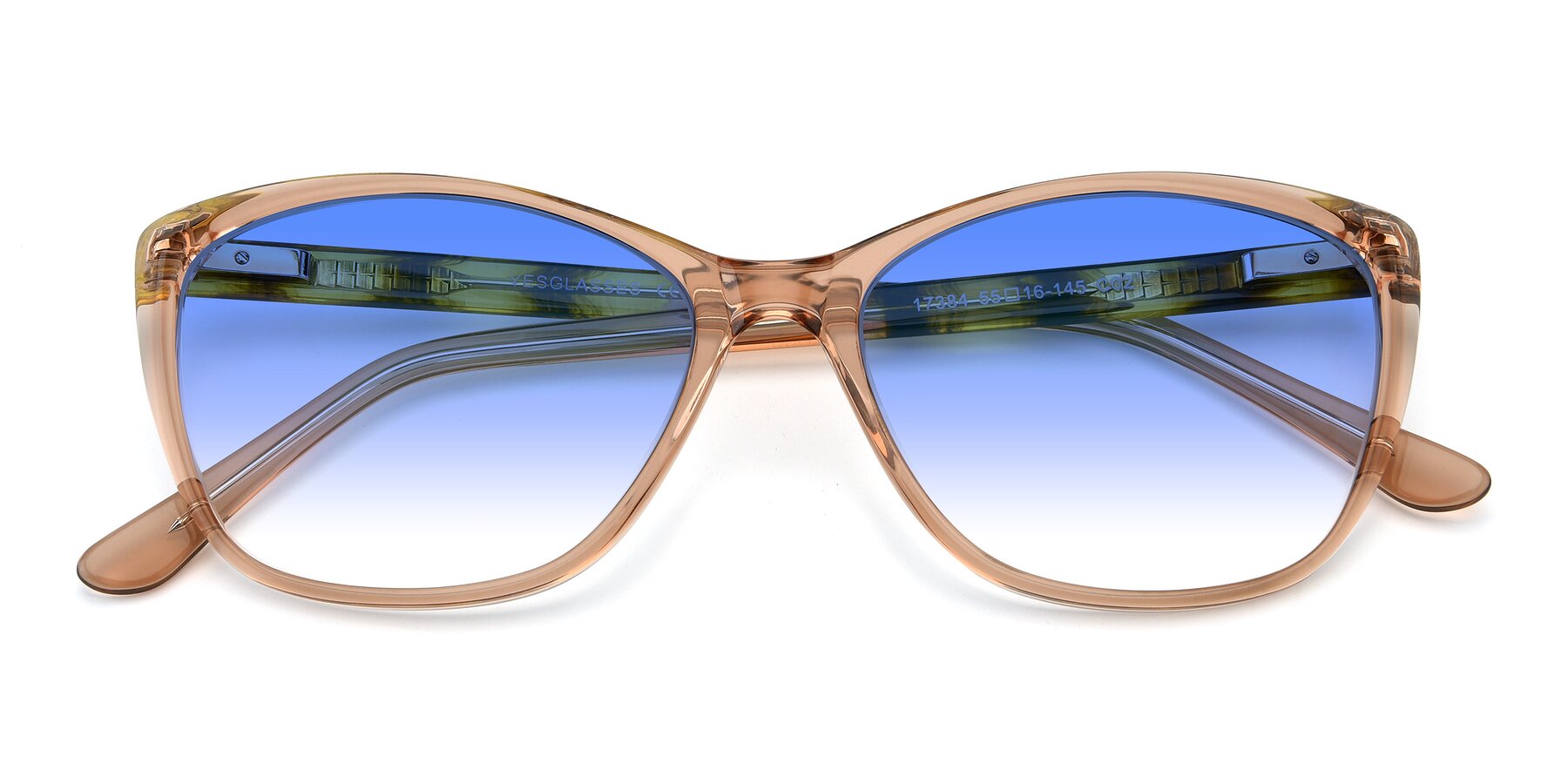 View of 17384 in Transparent Caramel with Blue Gradient Lenses