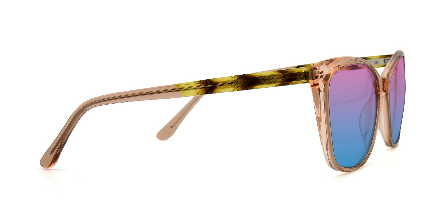 Side of 17384 in Transparent Caramel with Pink / Blue Gradient Lenses