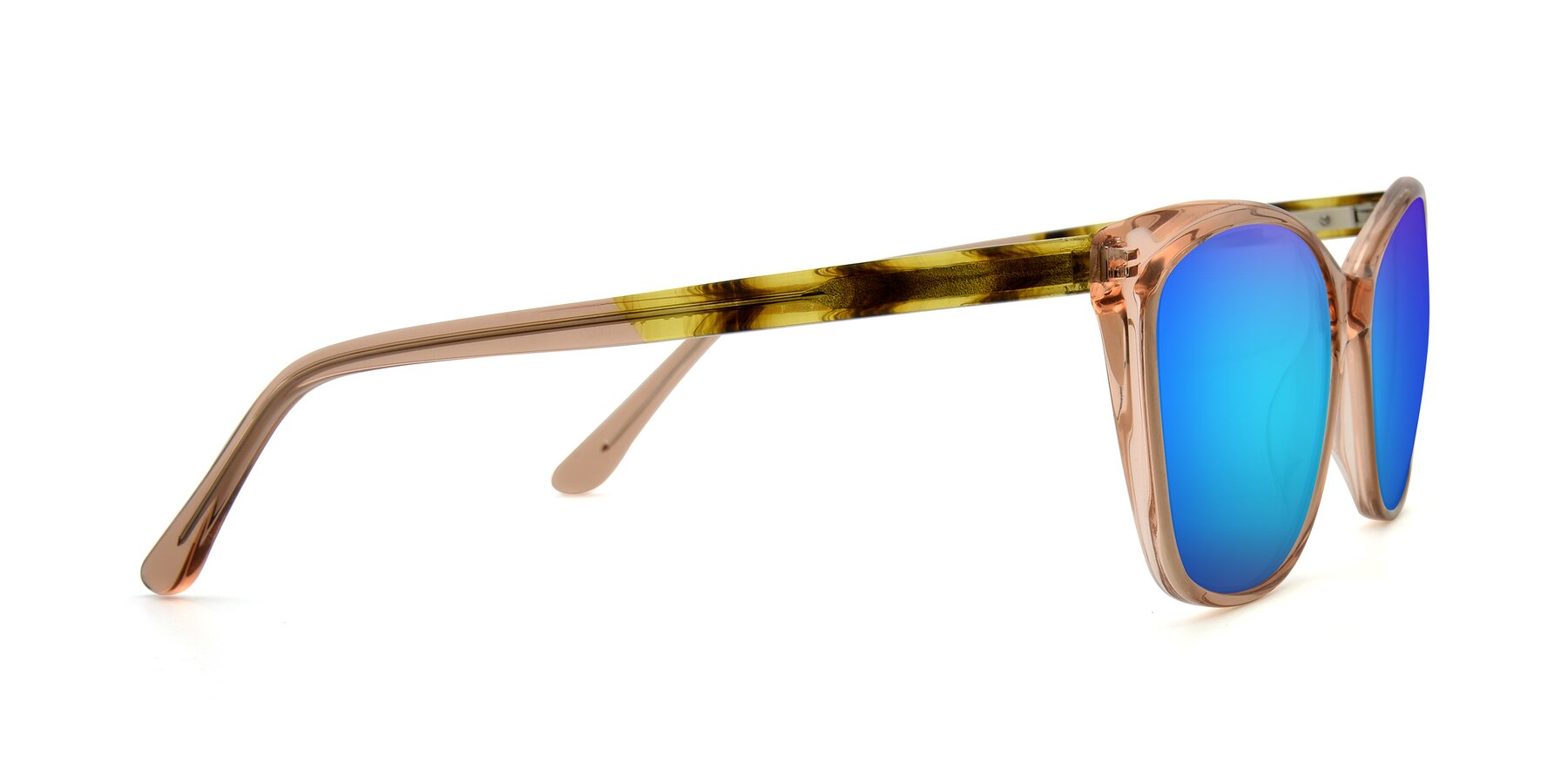 Side of 17384 in Transparent Caramel with Blue Mirrored Lenses