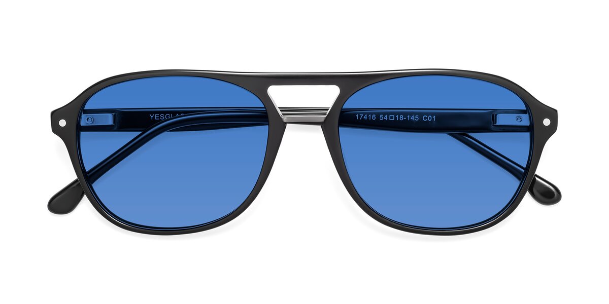 Black Grandpa Acetate Aviator Tinted Sunglasses with Blue Sunwear