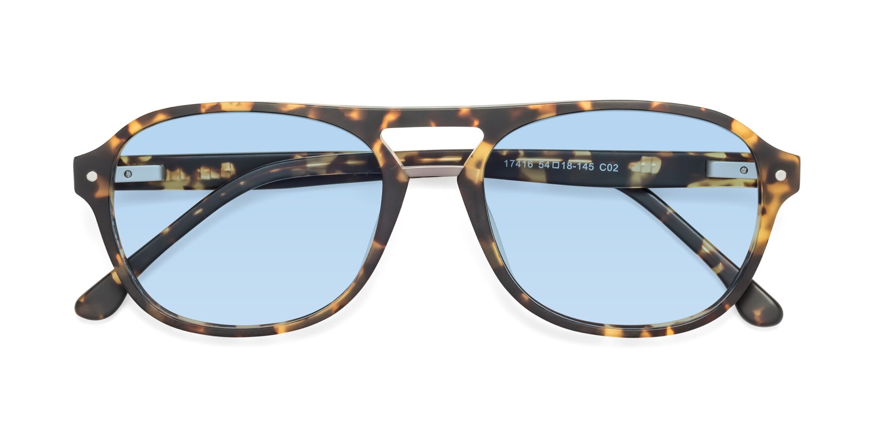 Folded Front of 17416 in Matte Tortoise with Light Blue Tinted Lenses