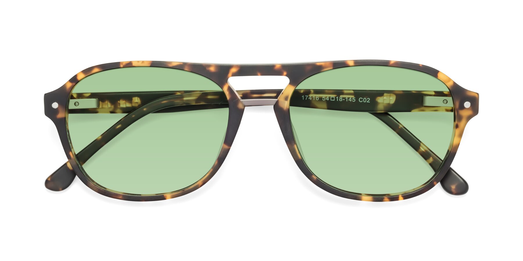 Folded Front of 17416 in Matte Tortoise with Medium Green Tinted Lenses