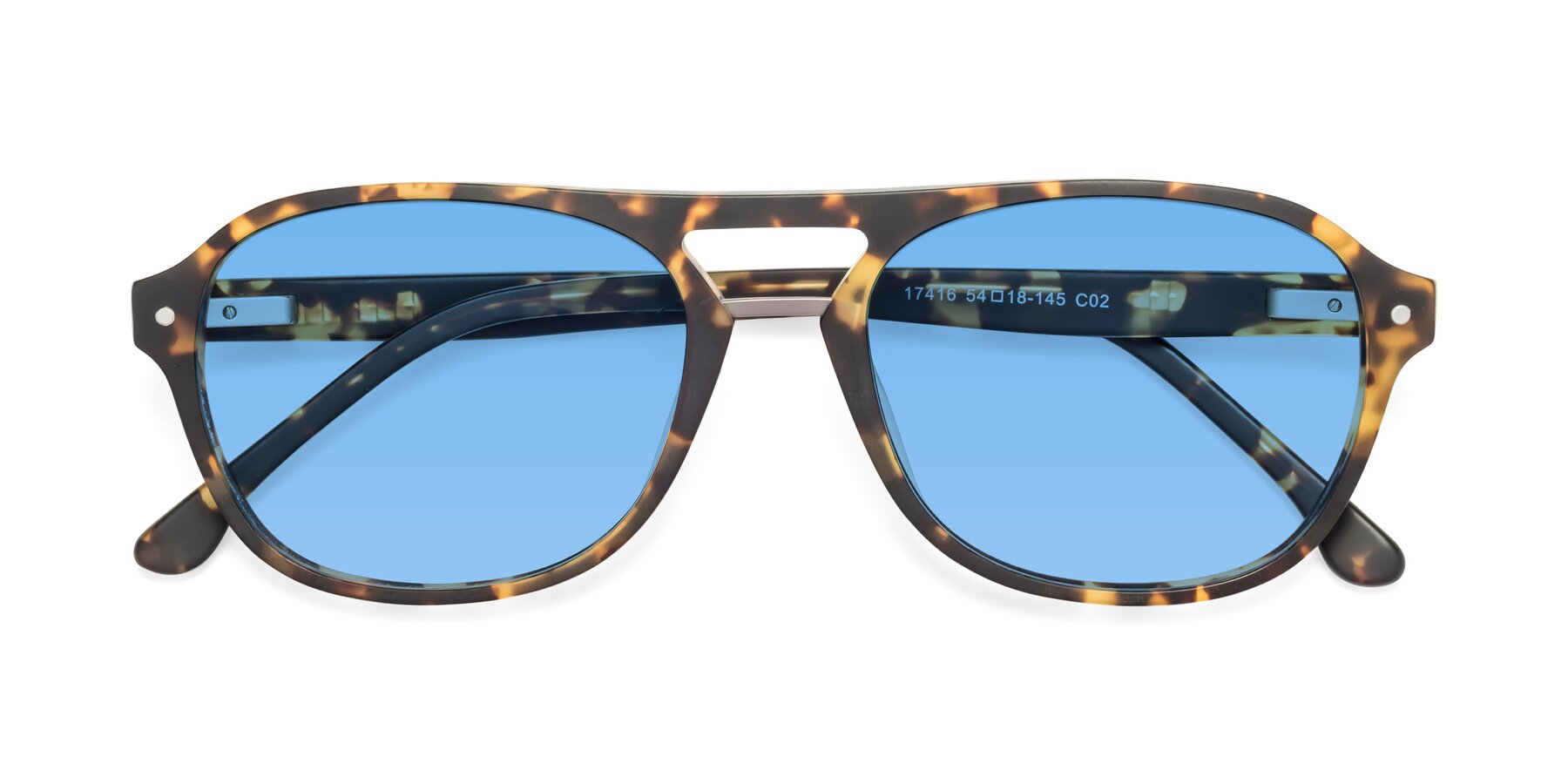 Folded Front of 17416 in Matte Tortoise with Medium Blue Tinted Lenses