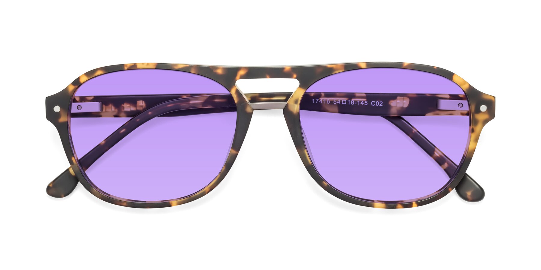 Folded Front of 17416 in Matte Tortoise with Medium Purple Tinted Lenses