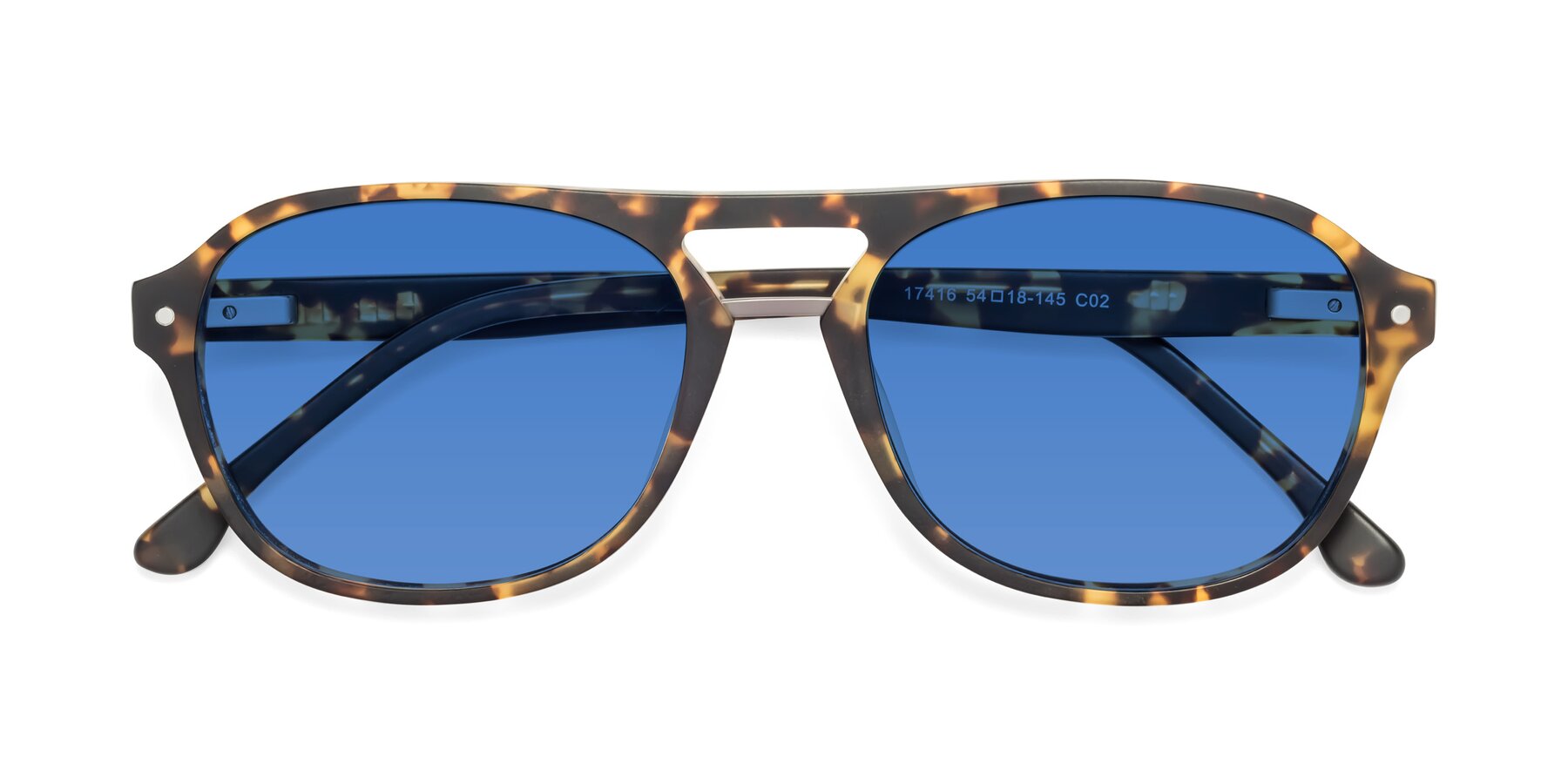 Folded Front of 17416 in Matte Tortoise with Blue Tinted Lenses