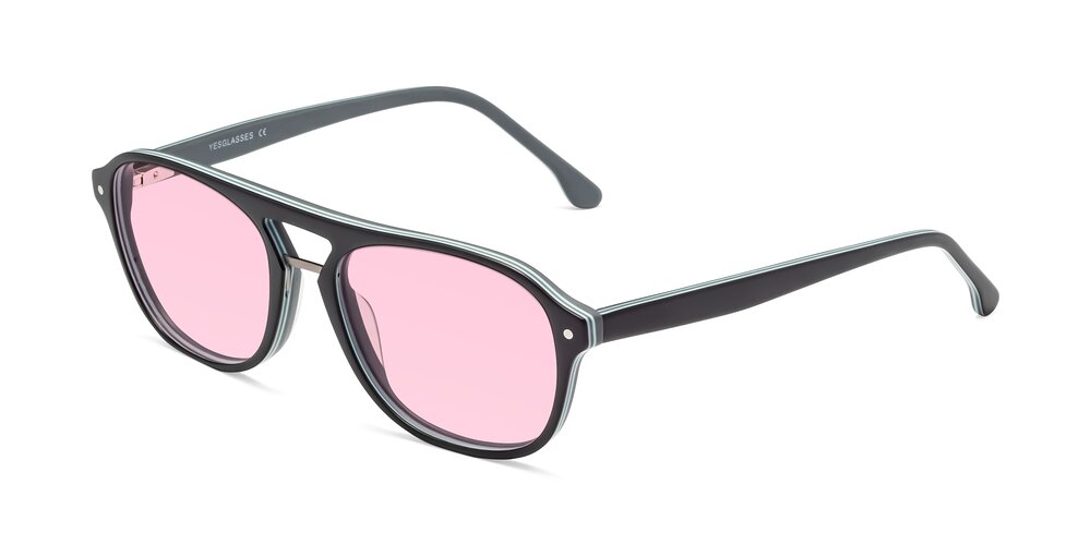 Matte Black Grandpa Acetate Aviator Tinted Sunglasses With Light Pink Sunwear Lenses 17416