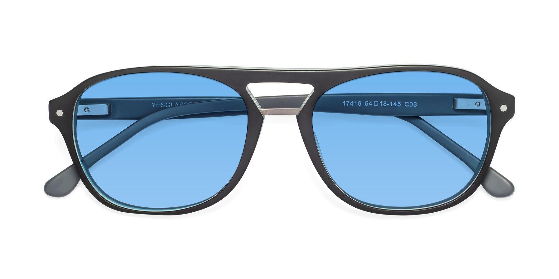 Folded Front of 17416 in Matte Black with Medium Blue Tinted Lenses