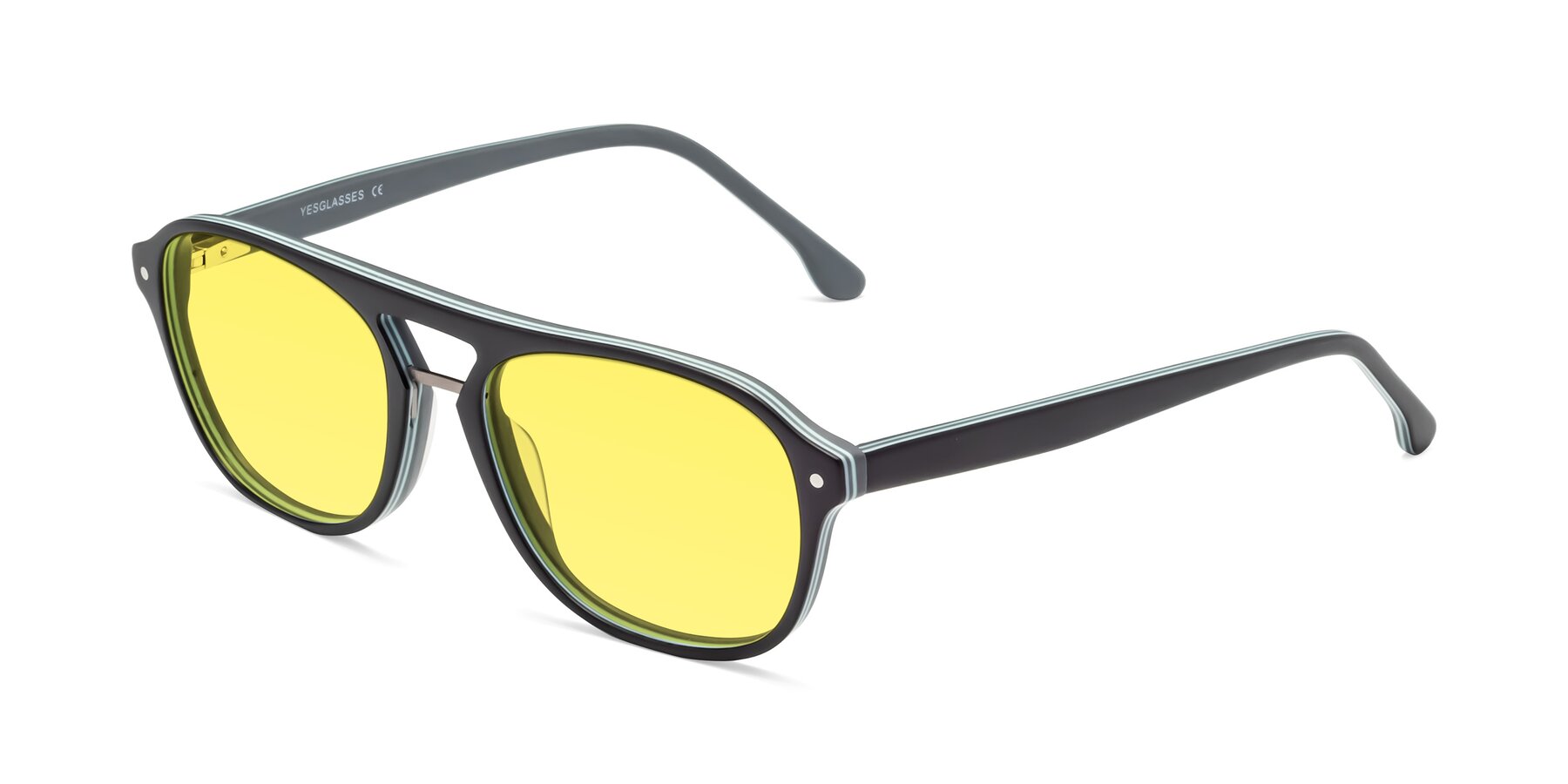 Matte Black Grandpa Acetate Aviator Tinted Sunglasses with Medium Yellow Sunwear Lenses