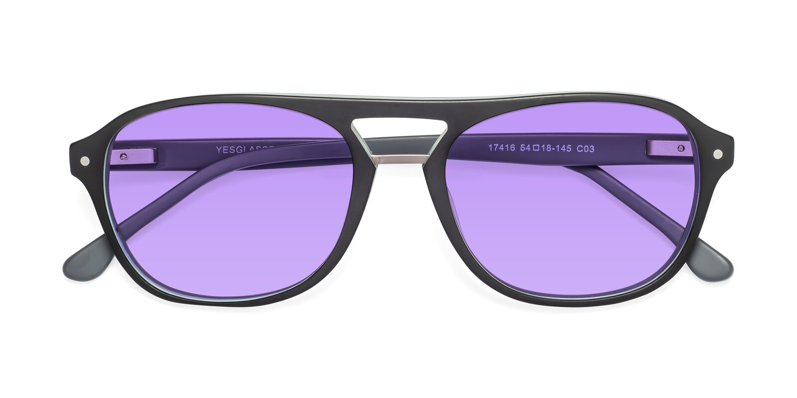 Matt Black Grandpa Acetate Aviator Tinted Sunglasses With Medium Purple Sunwear Lenses 17416