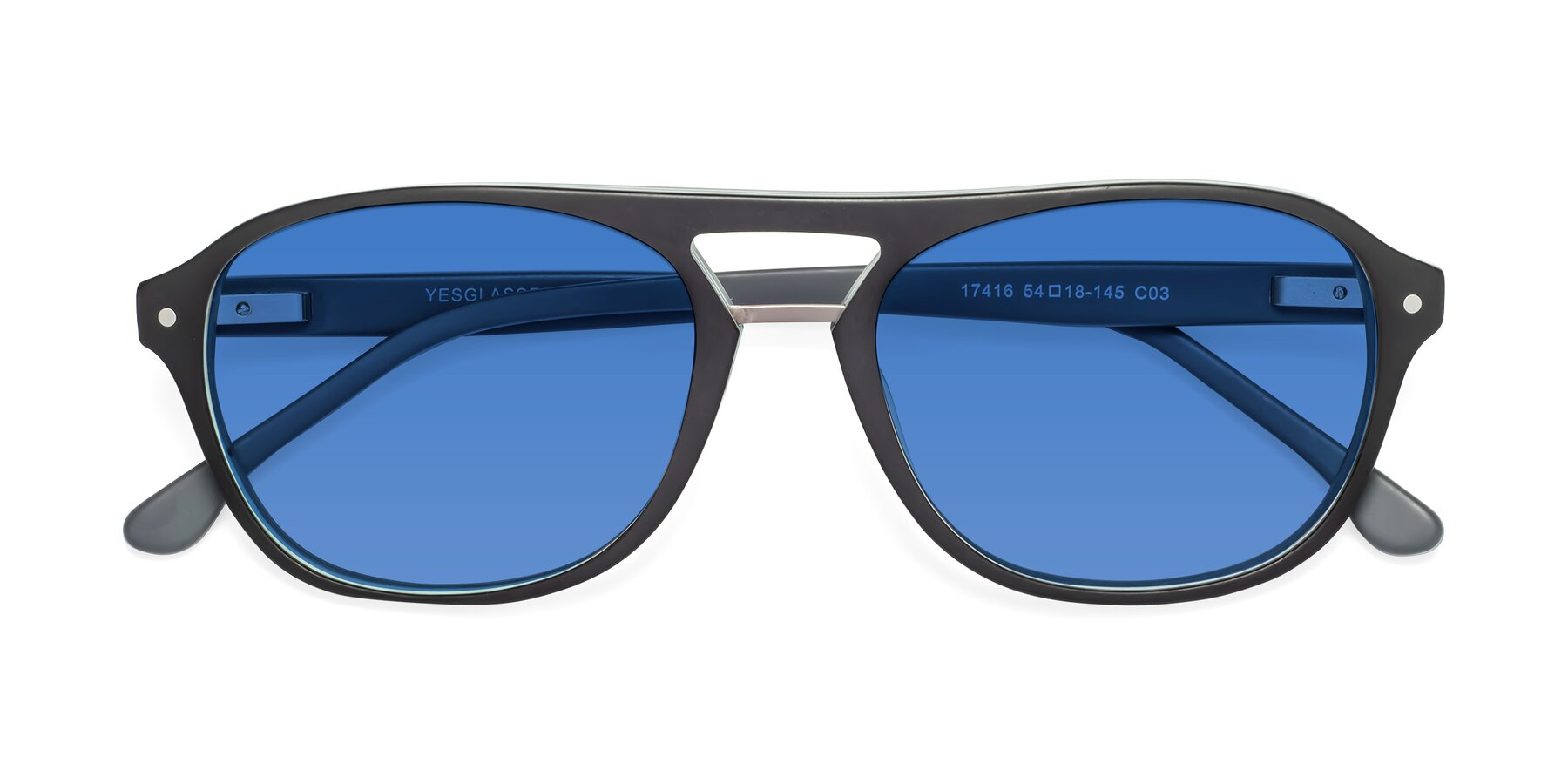 Folded Front of 17416 in Matte Black with Blue Tinted Lenses