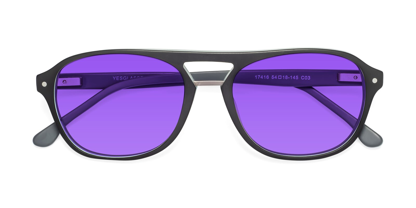 Matte Black Grandpa Acetate Aviator Tinted Sunglasses With Purple Sunwear Lenses 17416